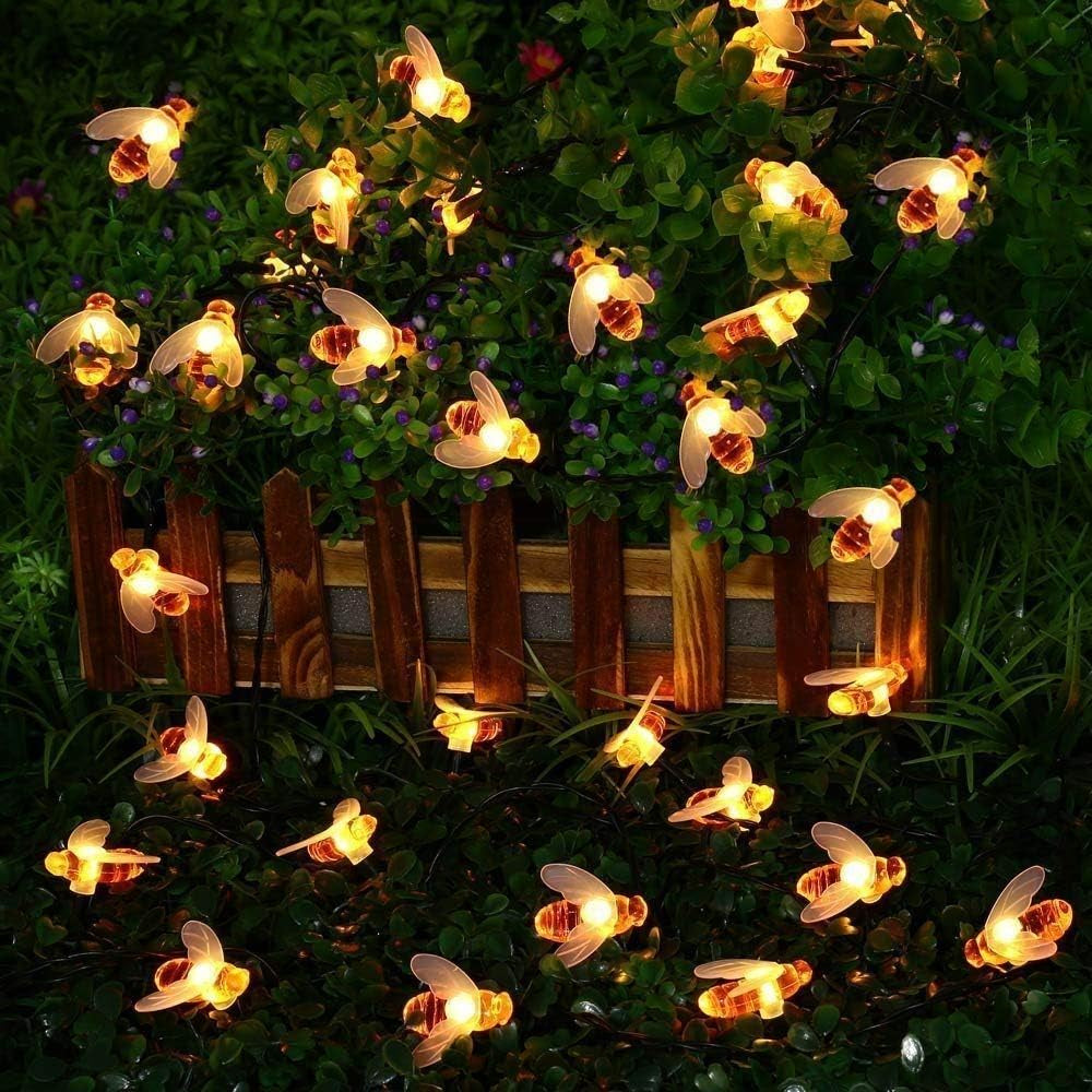 Solar Garden Lights, Honey Bee Fairy String Lights, 7M/24Ft 8 Mode Waterproof Outdoor/Indoor Garden Lighting for Flower Fence, Lawn, Patio, Festoon, Summer Party, Christmas, Holiday(Warm White)