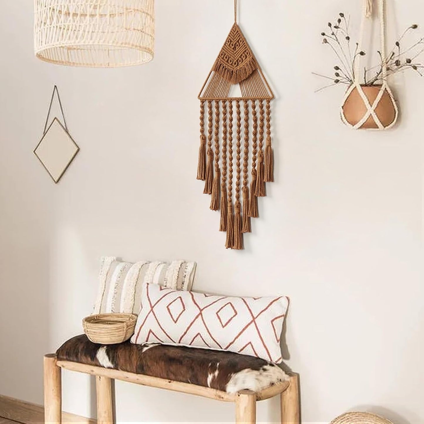 Macrame Wall Hanging Handwoven Dream Catcher Triangle Tassel Tapestries Boho Backdrop Decor Geometric Art Handmade Tapestry for Wall Apartment Party Bedroom Living Room Door Decoration