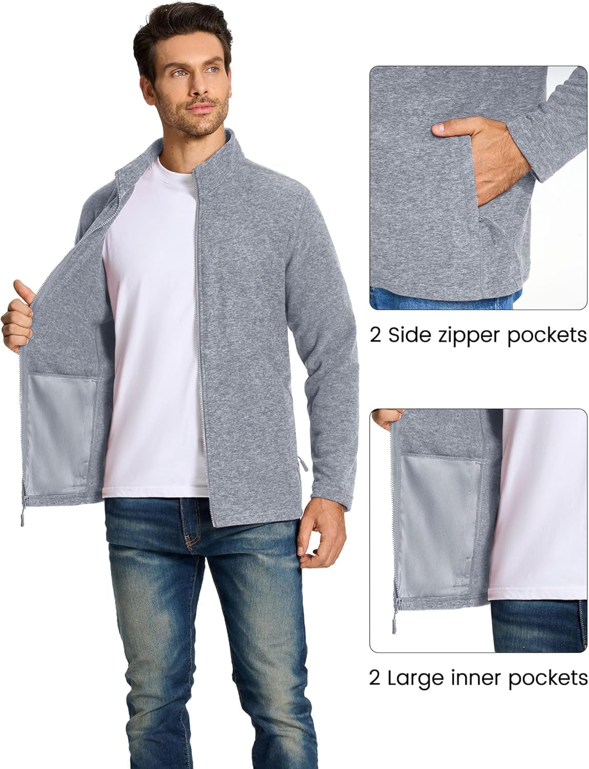 Mens Fleece Jacket Full Zip Lightweight Warm Winter Outdoor Casual Jacket Work Fleece Tops with Zip Pockets