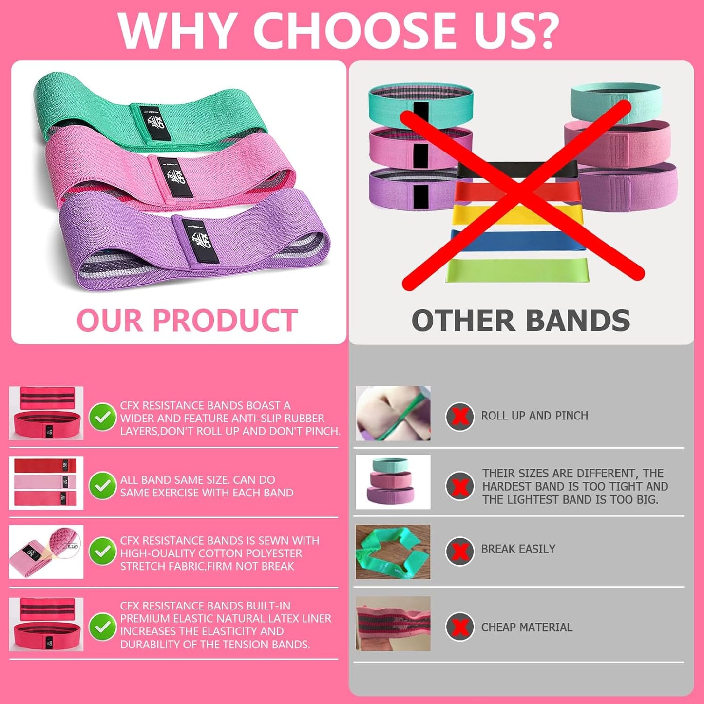 Resistance Bands Set, Exercise Bands with Non-Slip Design for HIPS & Glutes, 3 Levels Workout Bands for Women and Men, Booty Bands for Home Fitness, Yoga, Pilates