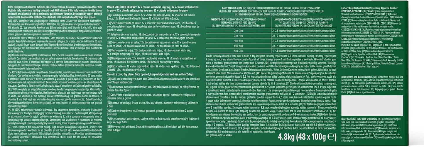 Complete Food for Adult Cats, Meat Selection in Gravy, 4.8 Kg (48 Packs of 100G)