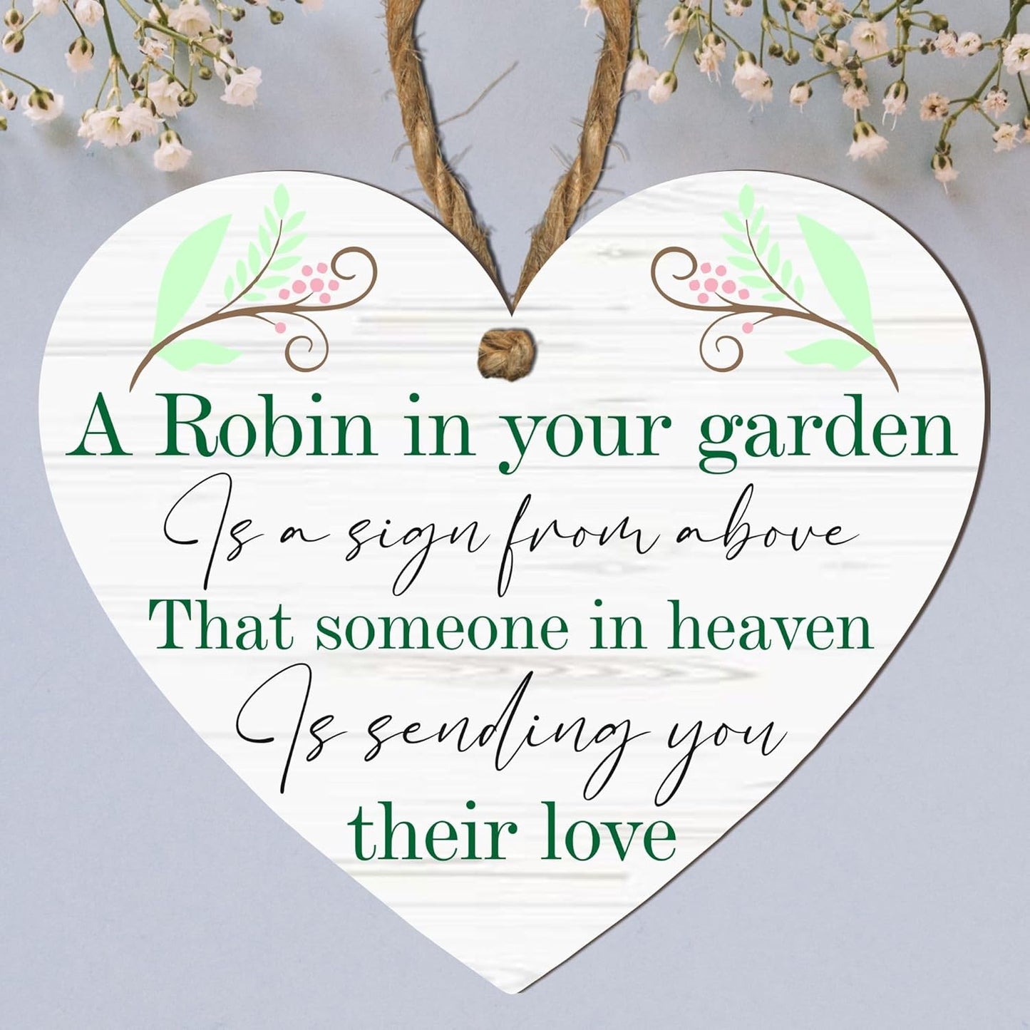 Robin Memorial Garden Grave Hanging Heart Wooden Heart Memorial Plaque with Robin Design - Remember Loved Ones in Heaven | Handcrafted Keepsake | Modern Rustic Home Decor | Made in UK