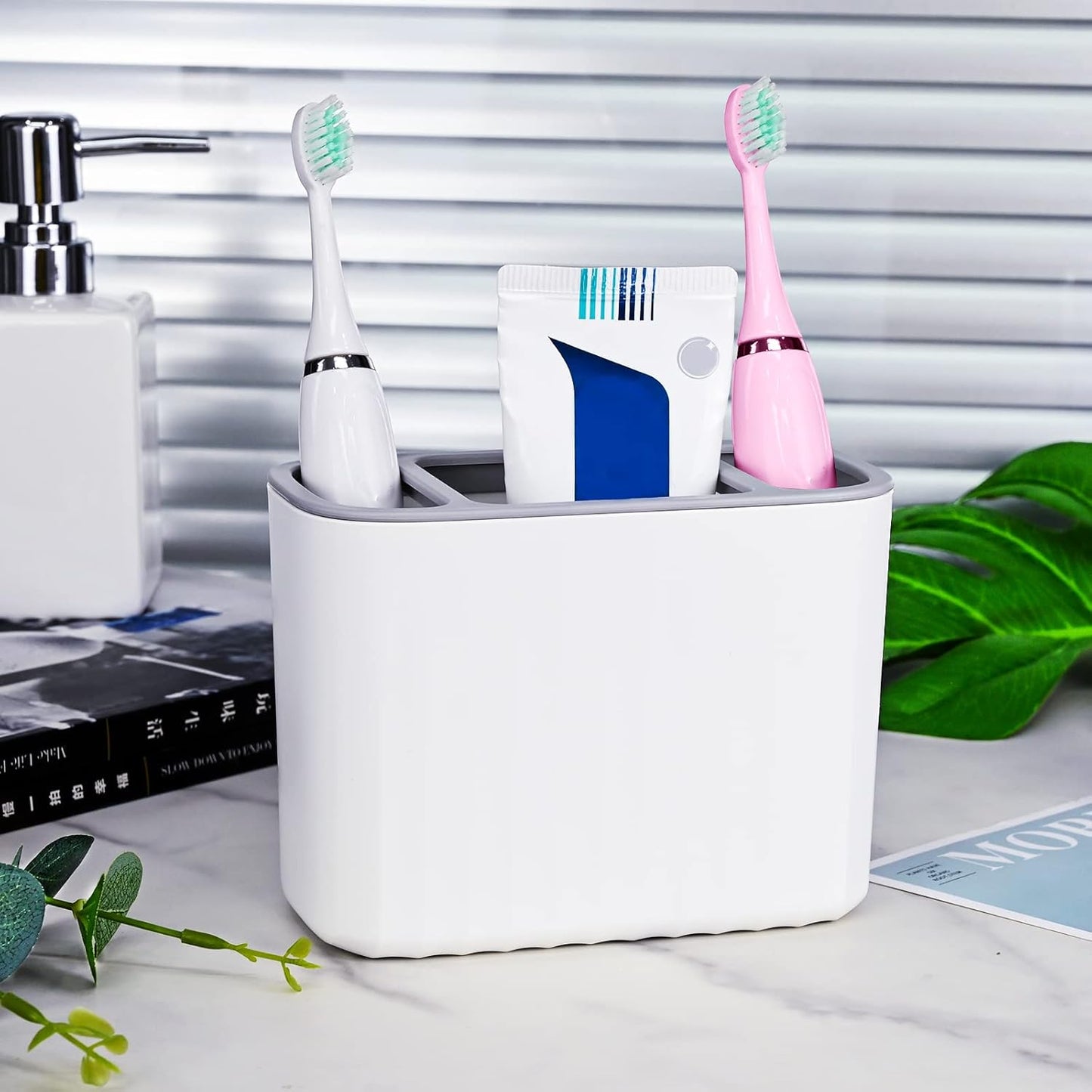 Toothbrush Holder, Multifunctional Electric Toothbrush Holder, Bathroom Easy-Store Toothbrush Caddy Toothpaste Razors Storage Organizer for Bathroom Countertop Vanity Counter Sink Organizer (White)