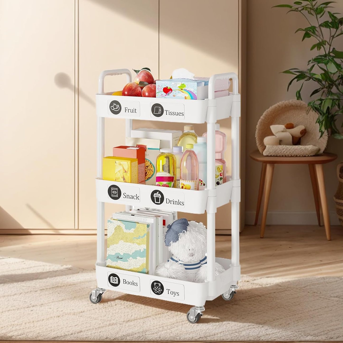 3-Tier Rolling Storage Cart with Lockable Casters, Beauty Trolly,Bathroom Trolley, Multifunctional Storage Trolley,White