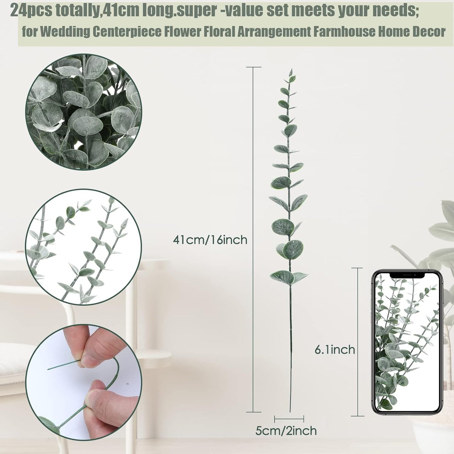 24Pcs Eucalyptus Stems Artificial Eucalyptus Leaves Stems Real Grey Green Touch Leaf Branches for Home Office Flowers Bouquet Centerpiece Wedding Decoration