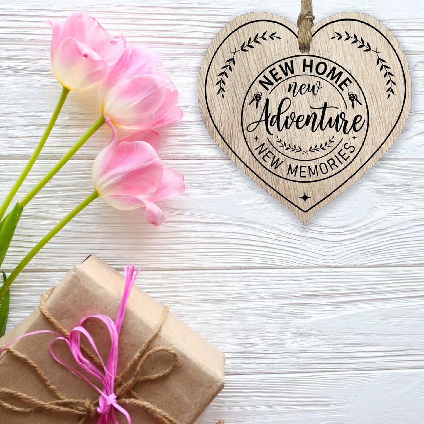 Light Wooden Heart Sign Plaque - New Home - Hanging Wood Signs Plaques, House Warming Gifts for Friends or Relatives, New Home Gifts, New House Present