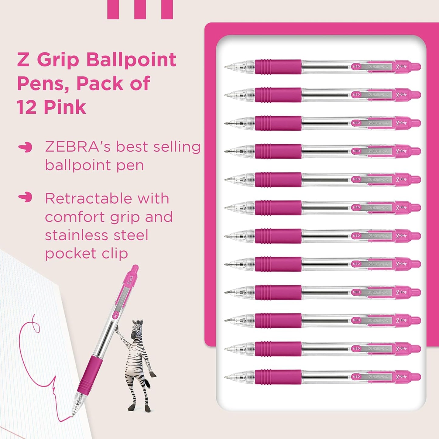 Z Grip Pink Pens Ballpoint, Smooth & Comfortable Ballpoint Pens with Pocket Clip, Retractable Ballpoint Pens with Pink Ink, Reliable Biro Pens Multipack for Everyday Use - Medium Point, 12Pk