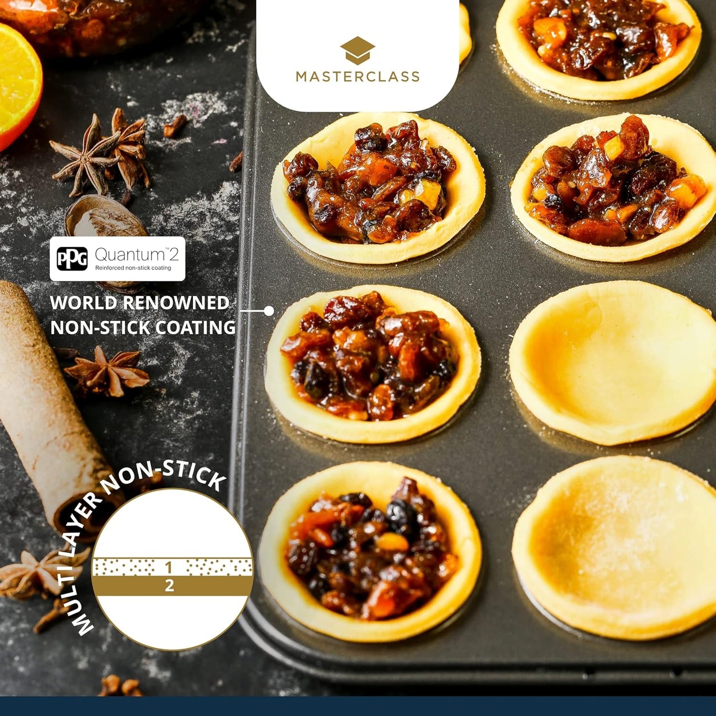 Crusty Bake Perforated Mince Pie Baking Tray with PTFE, PFOA and BPA Free Non Stick, Robust 1Mm Thick Carbon Steel, 32 X 24Cm 12 Hole Tart Tin, Grey