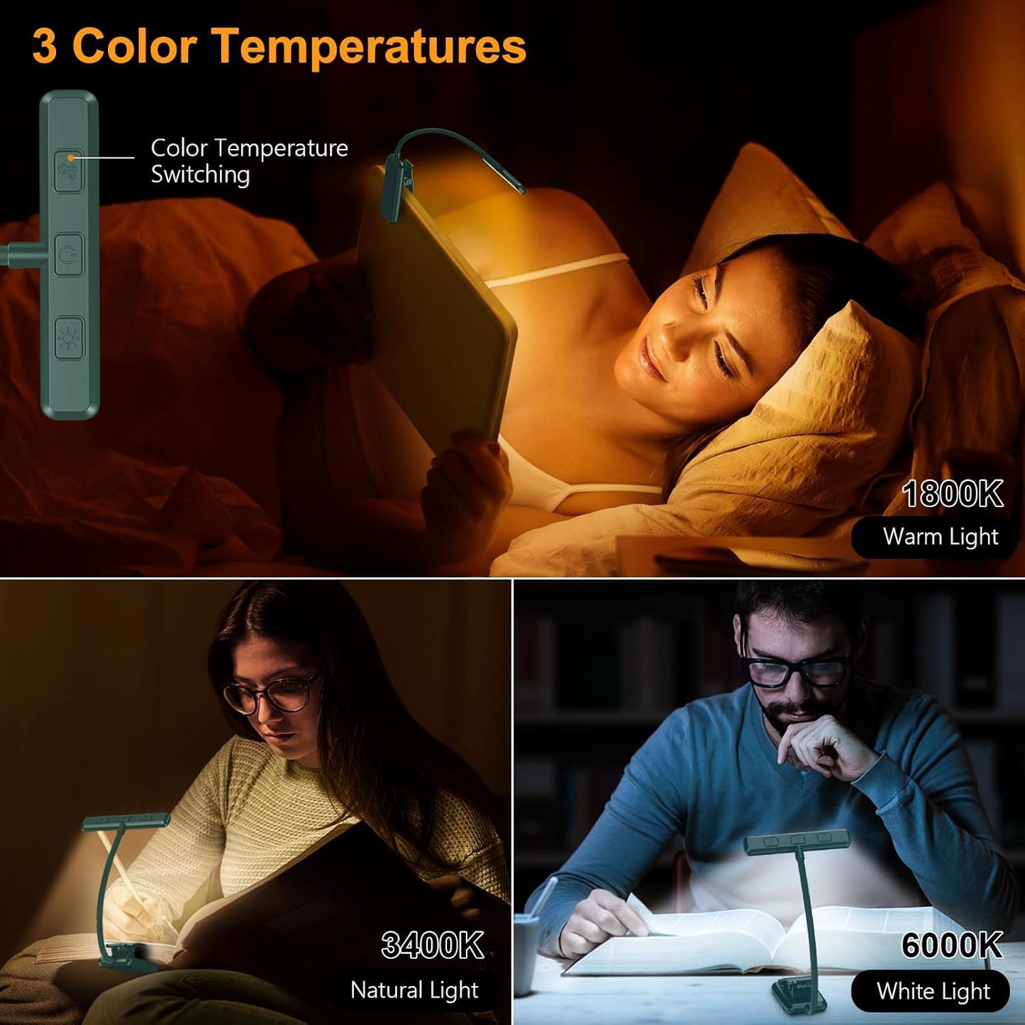 19 LED Book Light, Reading Light Book Lamp for Reading at Night with Memory Function, 3 Eye-Protecting Modes -Stepless Dimming, Long Battery Life, 360° Flexible Lamp for Bed,Tablet- Green