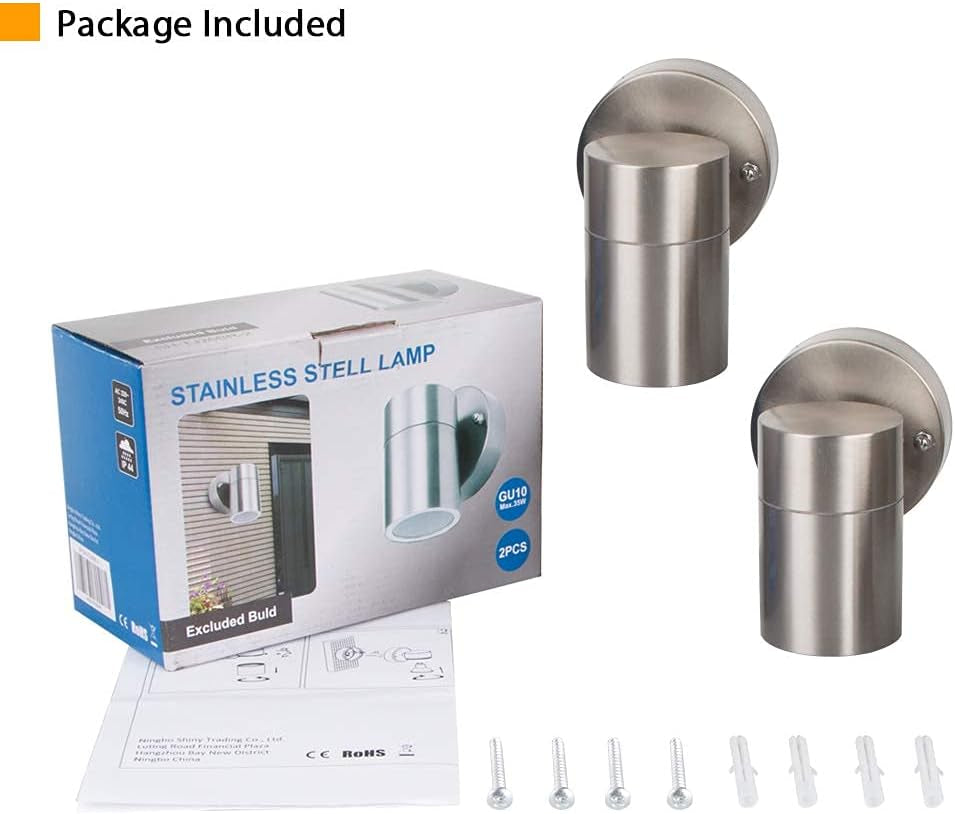 Modern Double up down Stainless Steel Wall Spot Light, Use GU10 (Not Included), IP44 Waterproof, Pack of 2