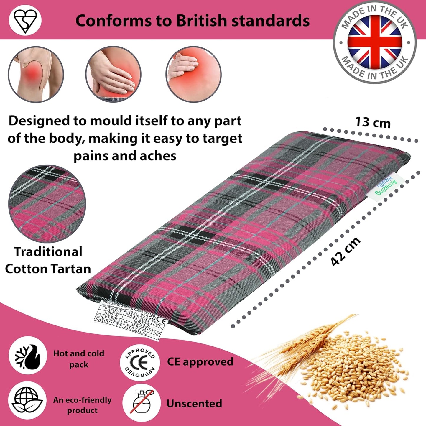 Unscented Microwave Wheat Bag-Uk Made - NON Scented Pink Tartan Cotton Made in Britain