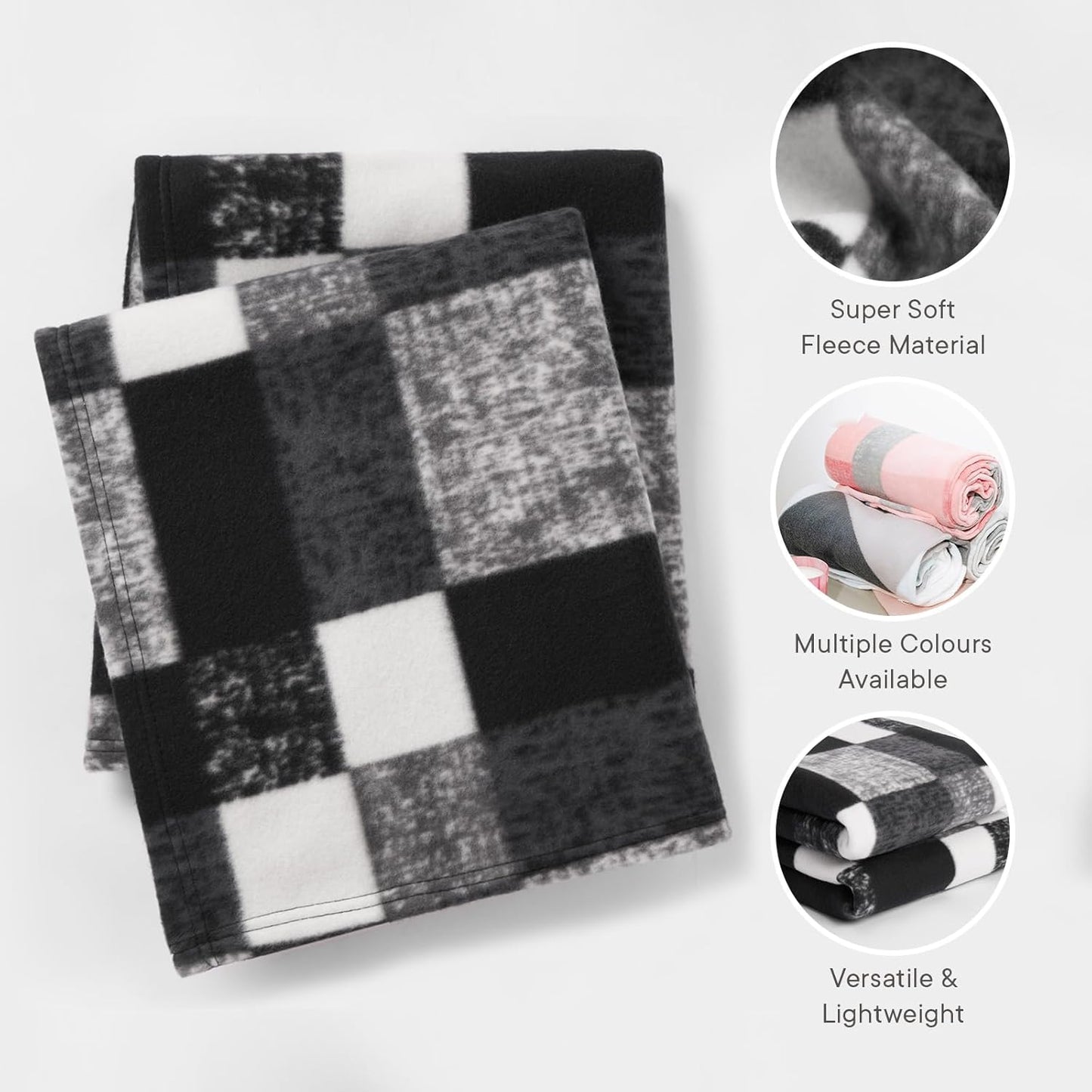 Winter Check Fleece Blanket Super Soft Warm Cosy Sofa Bed Picnic Garden Throw Over, Plaid Tartan Black - 120 X 150Cm
