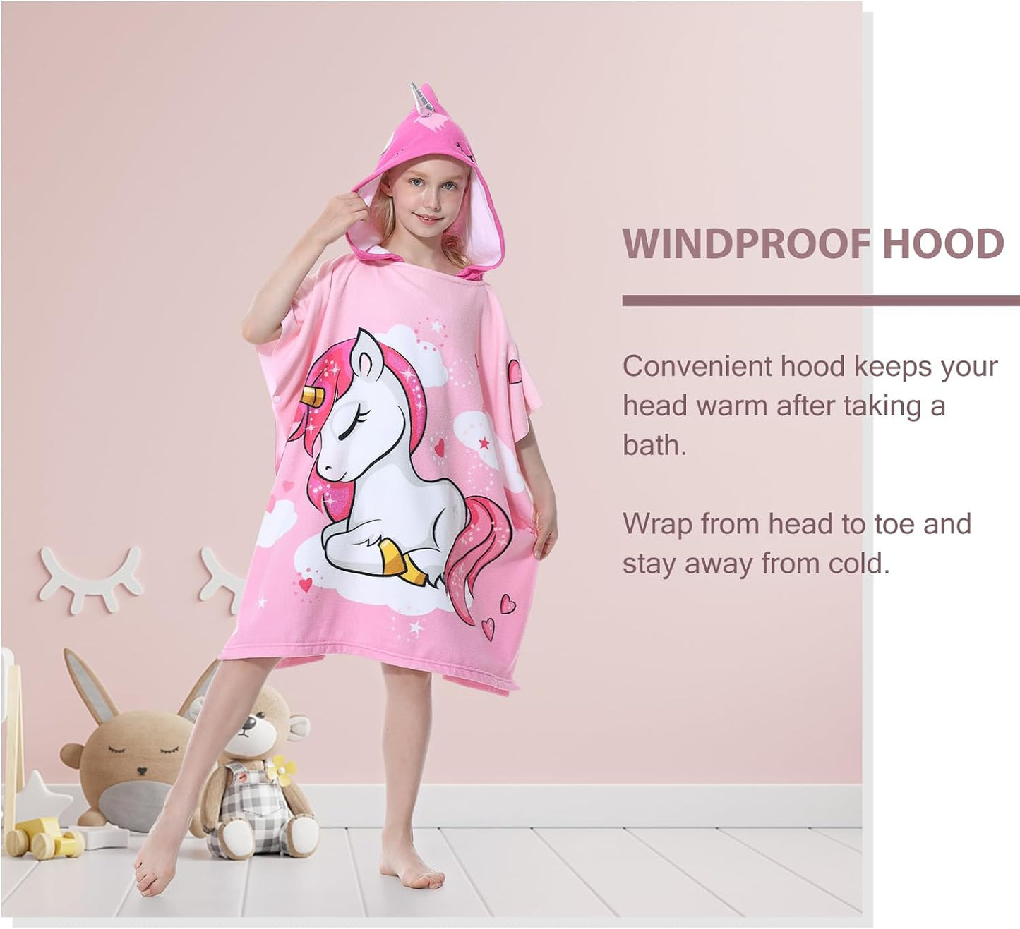 Kids Hooded Poncho Towels, Beach Changing Robe Bath Towel Poncho for Swimming Pool, Microfiber Soft and Large Bathrobe for Girls Boys Children 6-14 Years Old - Pink Unicorn