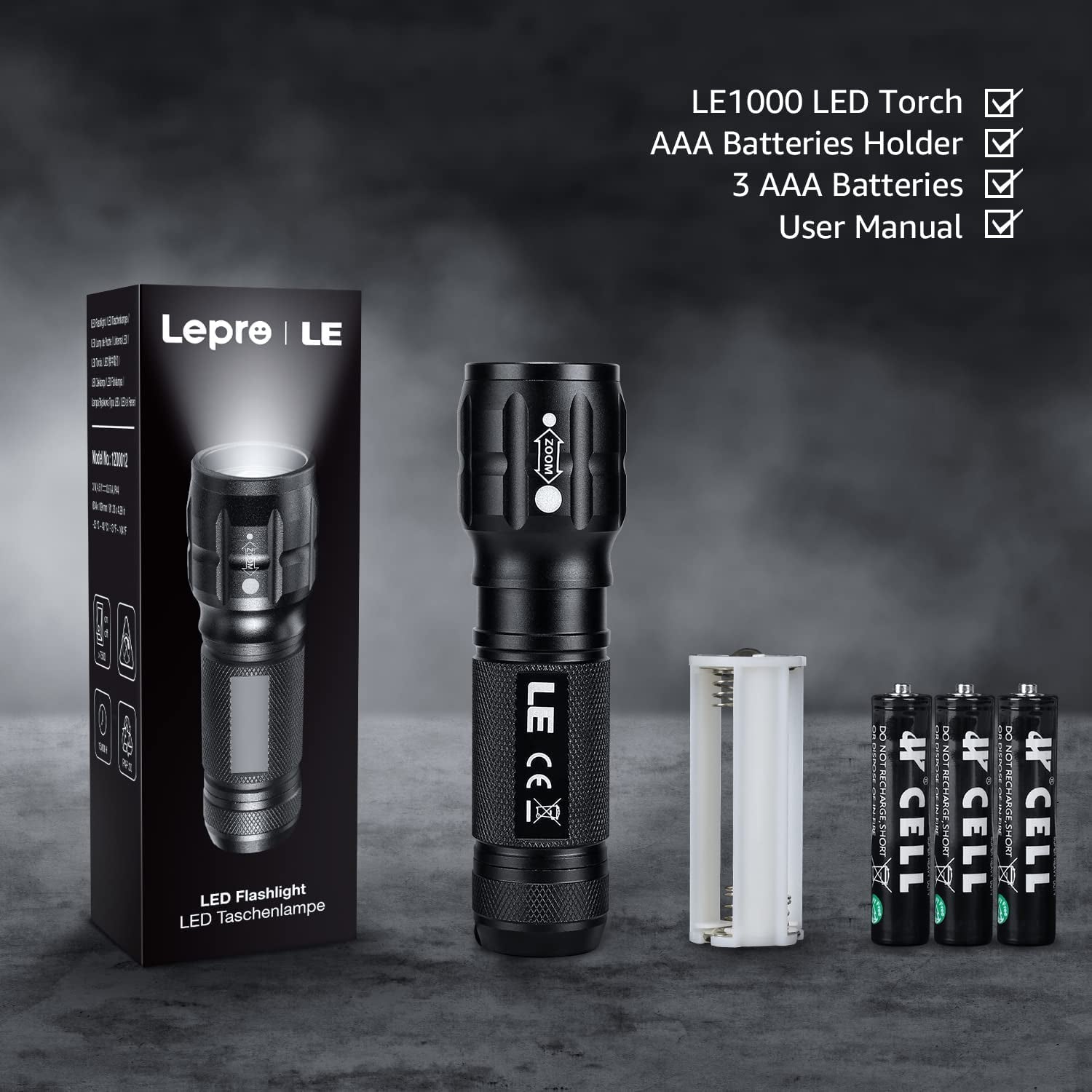LE LED Torch Battery Powered, LE1000 Super Bright Hand Flashlight, Adjustable Focus, Water Resistant, Lightweight Small Torch for Power Cut, Camping, Dog Walking, Gift for Kids Men Dad Him Elderly
