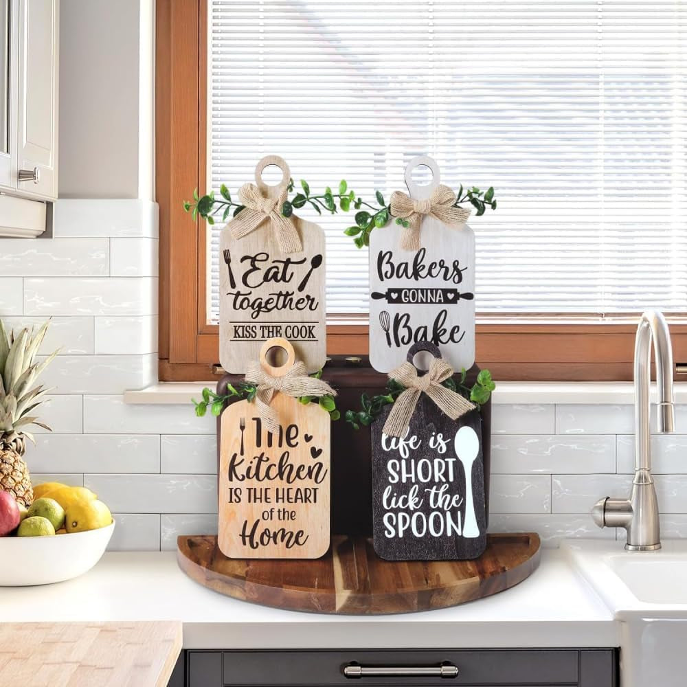 4 Pieces Wooden Hanging Sign Kitchen Wooden Wall Art Rustic Wood Bar Sign Farmhouse Style Wall Art for Kitchen Home Art Decor