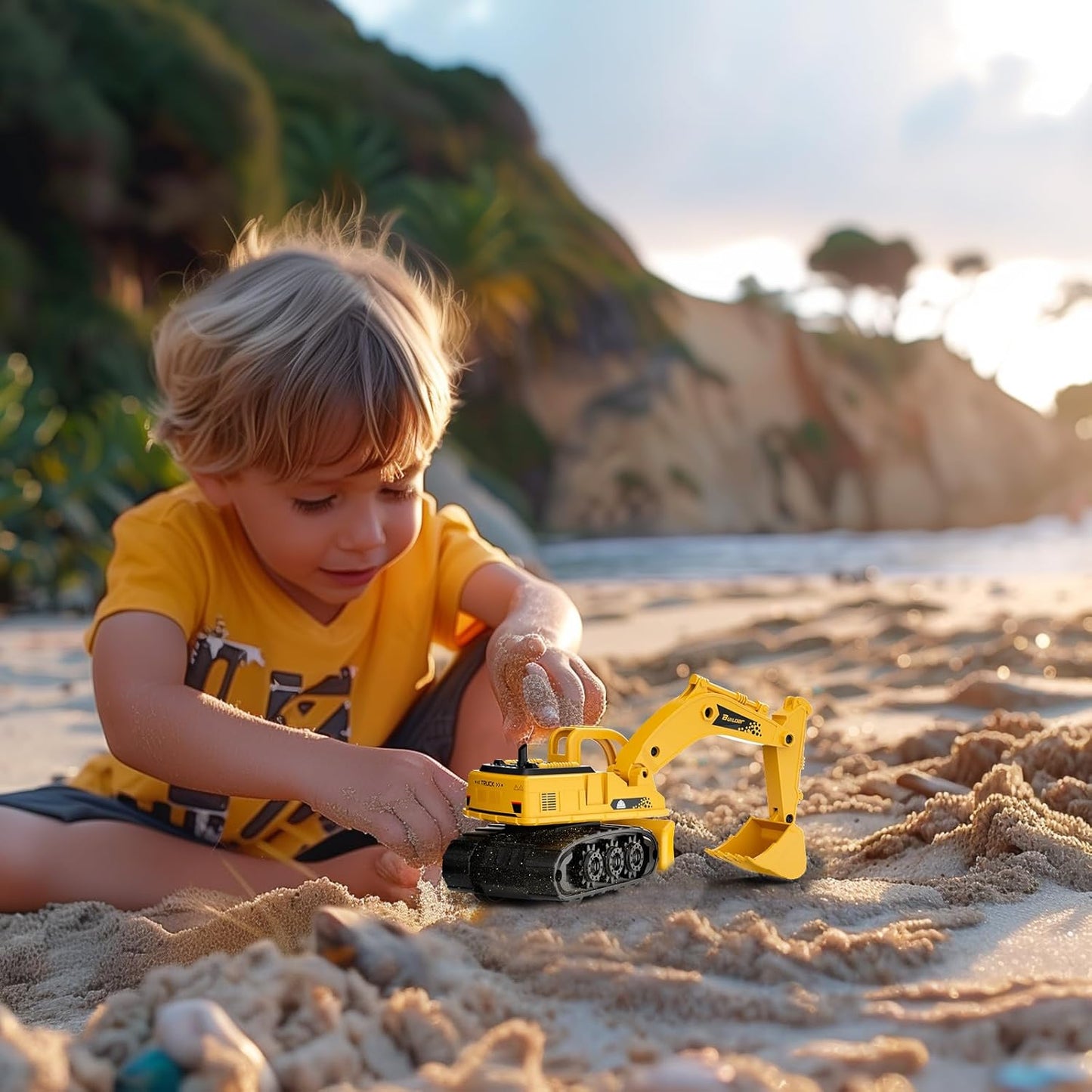 Kids Digger Toy, Construction Model Excavator, 2 in 1 Friction Tractor with Bulldozer, Mini Vehicles Car for Boys Age 2+ Year Olds, Engineering Crane Loader Children Gift, Yellow