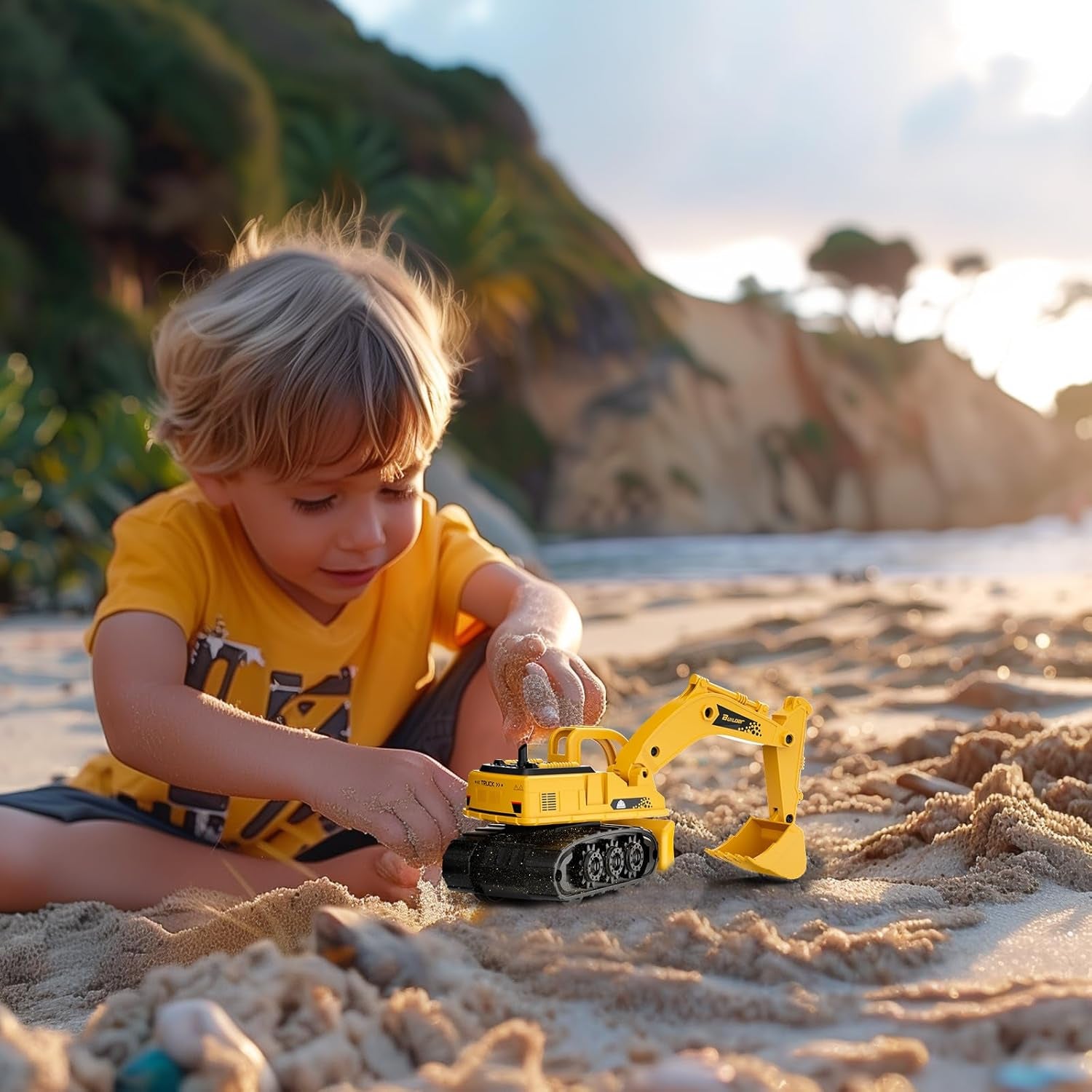 Kids Digger Toy, Construction Model Excavator, 2 in 1 Friction Tractor with Bulldozer, Mini Vehicles Car for Boys Age 2+ Year Olds, Engineering Crane Loader Children Gift, Yellow