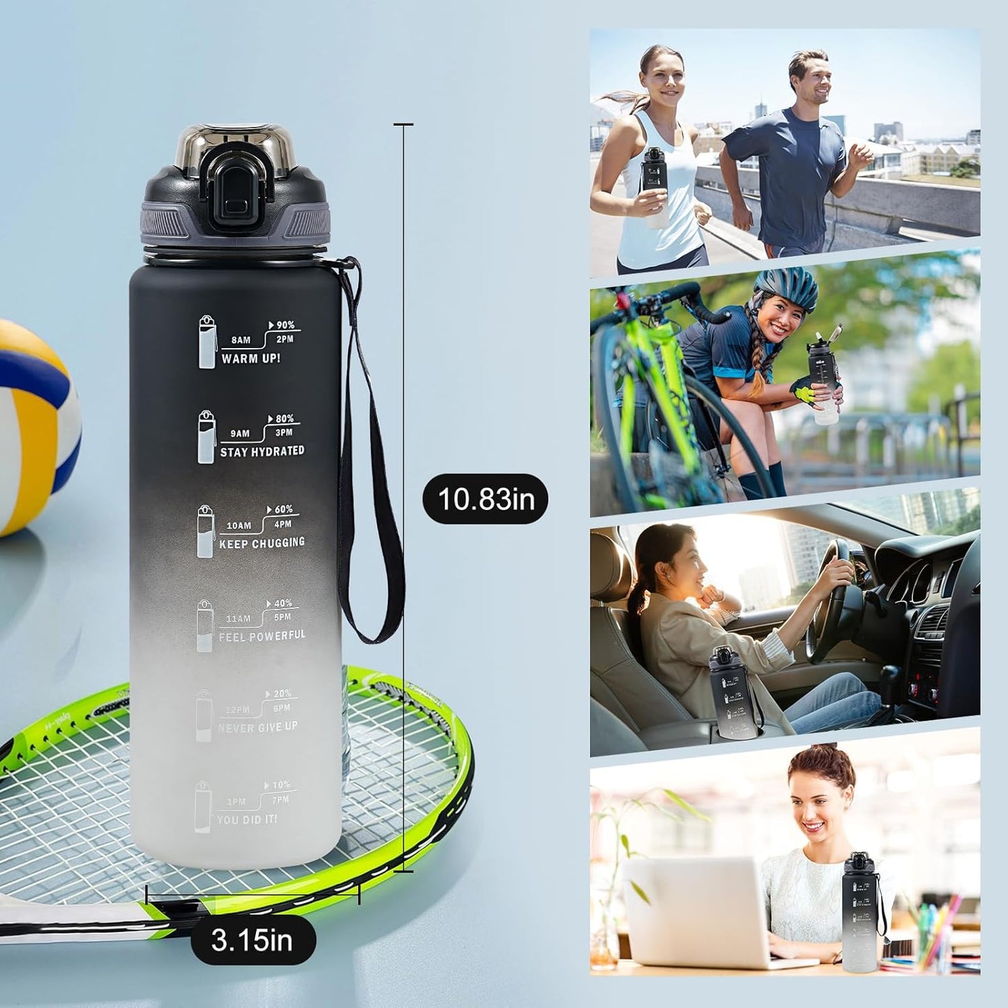 1L Water Bottle with Straw,Plastic Drinks Bottle,1 Litre Sports Water Bottles with Time Markings,Girls Boys Waterbottle Leak-Proof & Bpa-Free for Gym,Cycling, Office, Outdoor