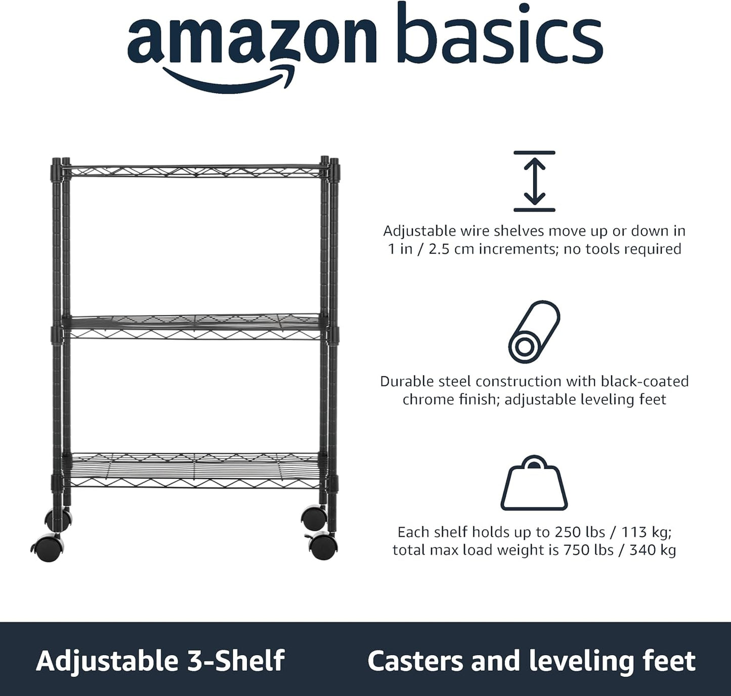 3-Shelf Narrow Storage Unit on Wheels with Height Adjustable Shelves and Levelling Feet, 340 Kg Max Weight, Black, 34 Cm D X 58.9 Cm W X 83.2 Cm H