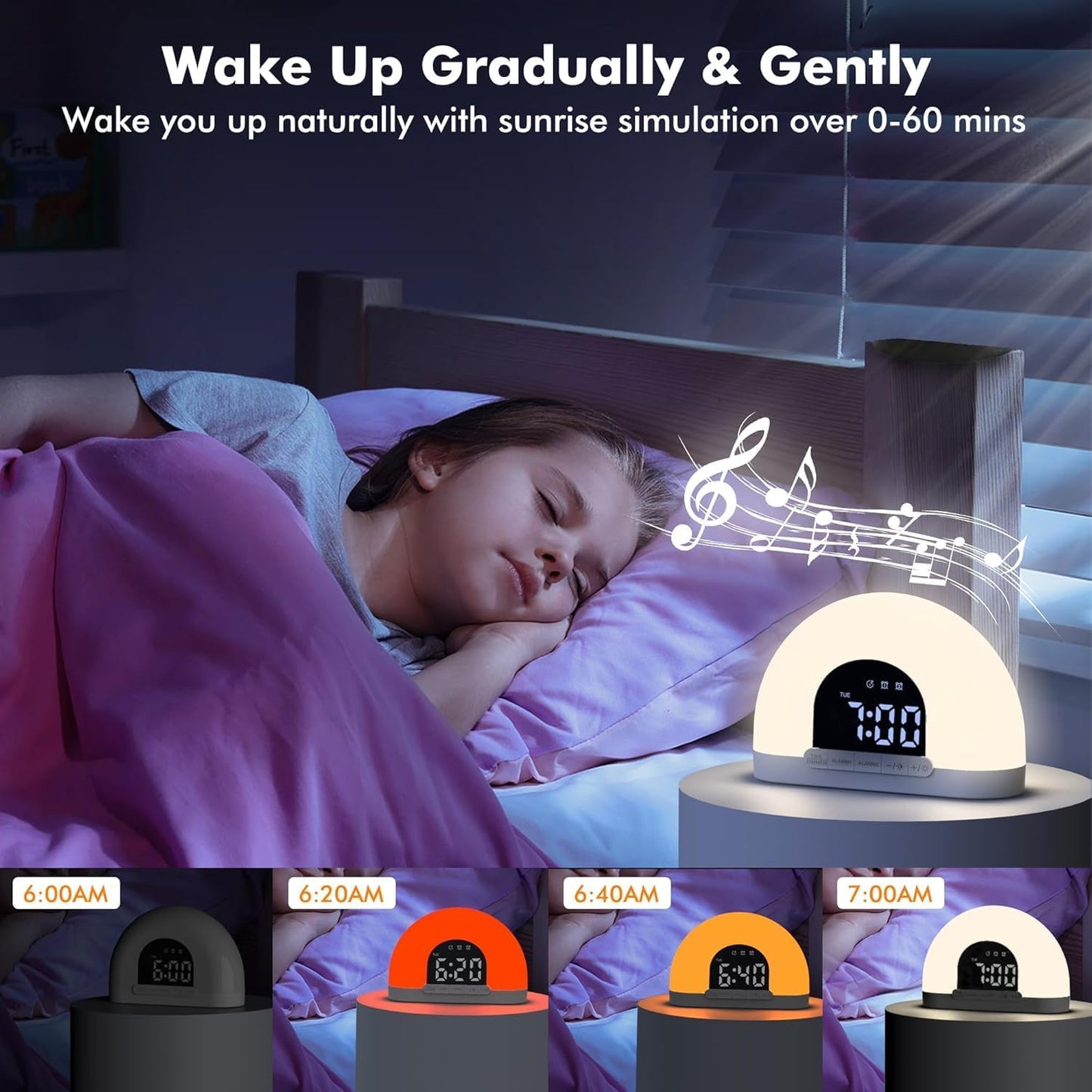 Sunrise Alarm Clock, Dimmable Digital Clock for Kids, Small Bedside Sunlight Lamp Colourful Night Light Clock, 7 Alarm Sounds, Dual Alarms, Natural Wake up Light for Boys Girls Teens Heavy Sleepers