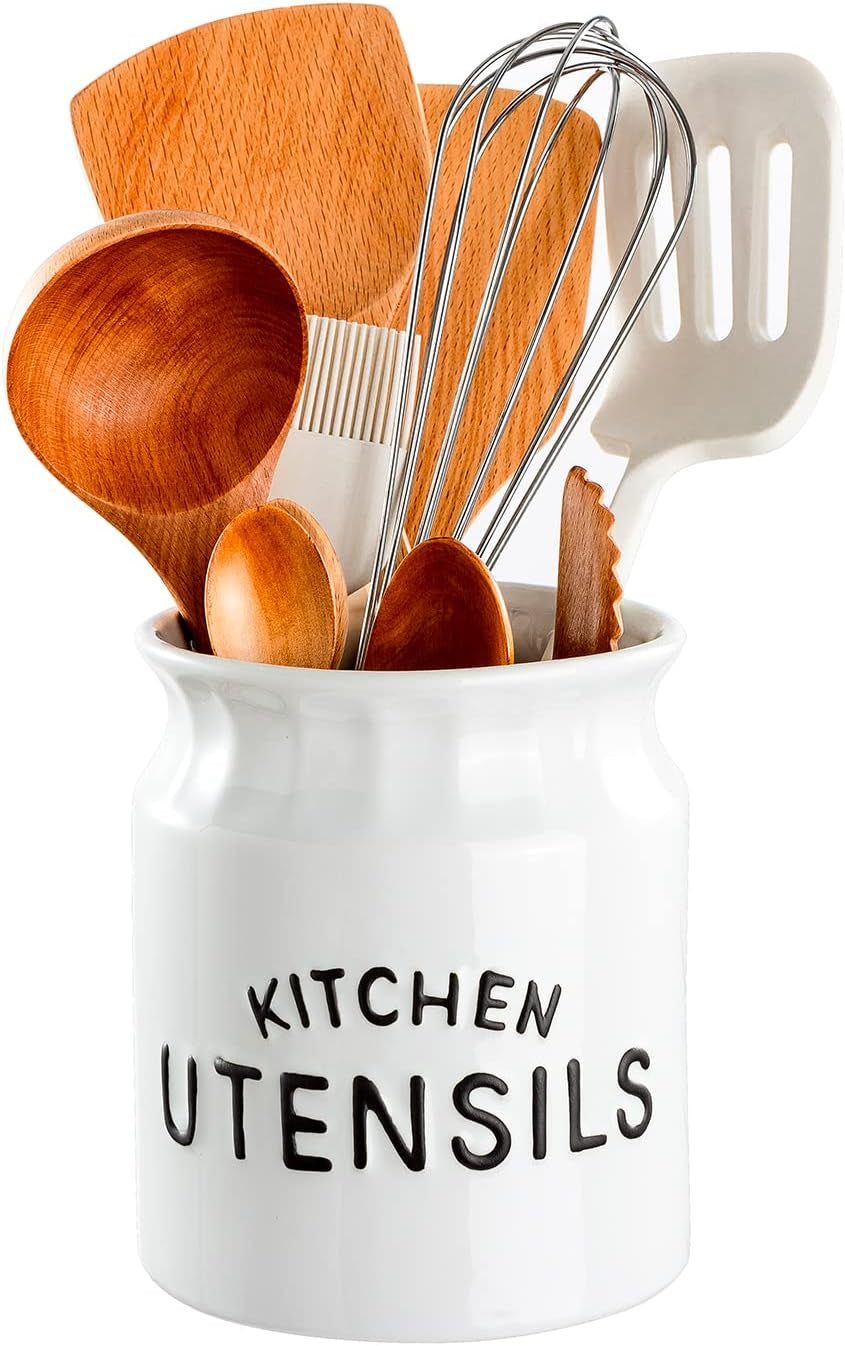 Kitchen Utensil Holder, Large Farmhouse Utensil Holder for Countertop, Decorative Ceramic Cooking Utensil Crock Holder for Kitchen Counter, 14 X 16 Cm, White