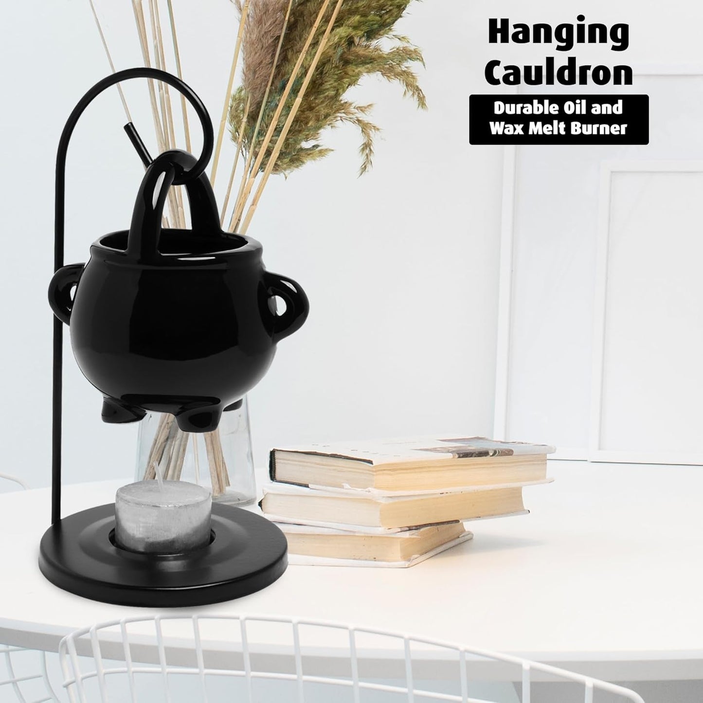 Cauldron Wax Melt Burner with Tealight Candle, Warming Stand, Decorative Hanging Living Room Home Decor and Aromatherapy, Spooky Halloween Black Warmer Pot