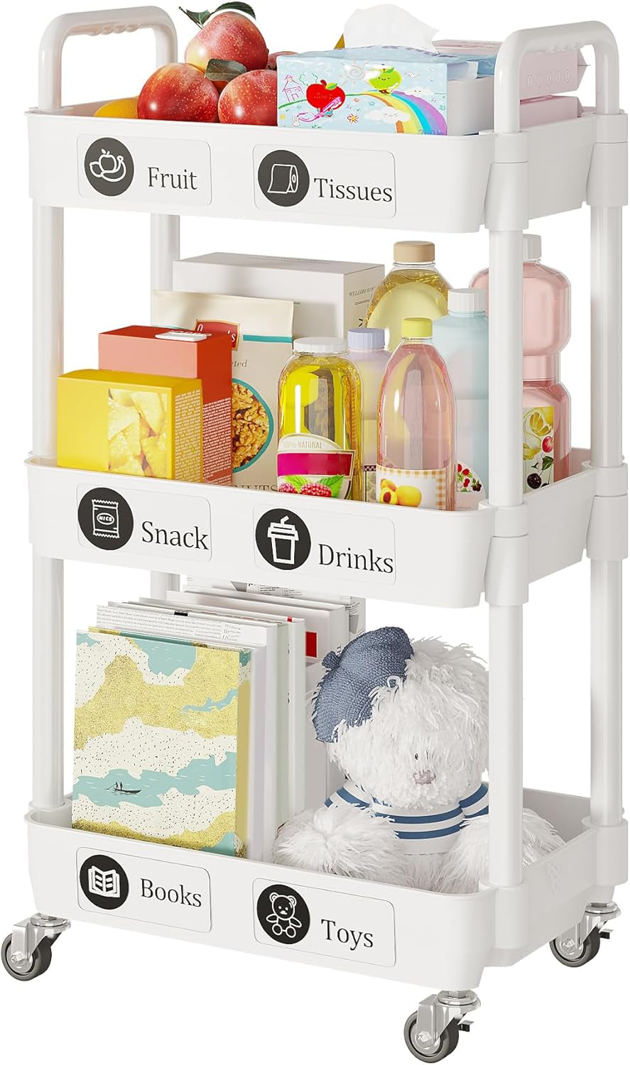 3-Tier Rolling Storage Cart with Lockable Casters, Beauty Trolly,Bathroom Trolley, Multifunctional Storage Trolley,White