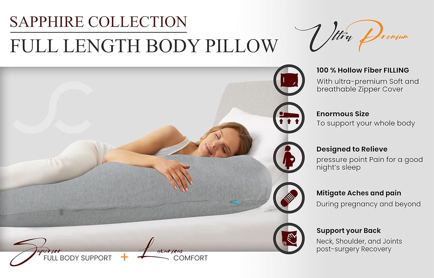 Orthopedic Body Sleep Pillow and Cover Hollowfiber Filling for Maternity Pregnancy Nursing Side Sleeper Support Includes Free Grey Cover