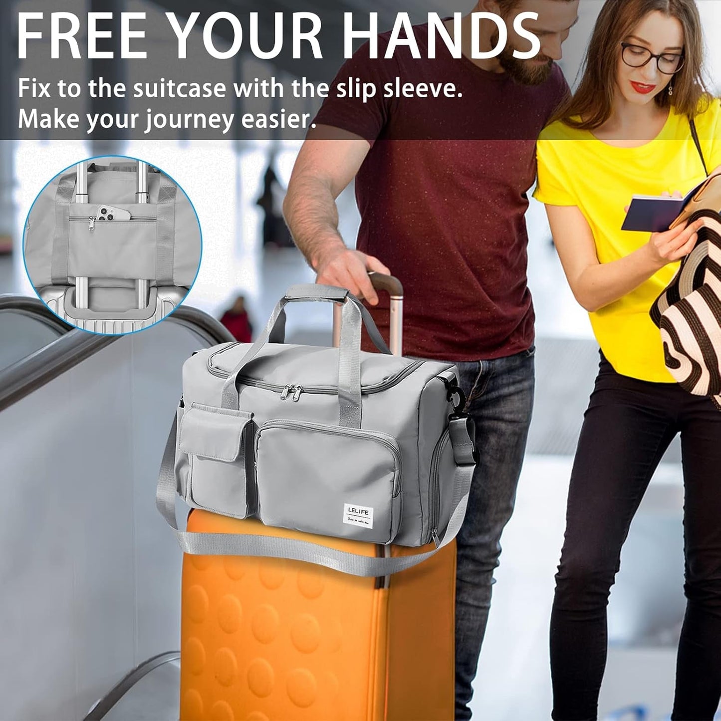 Gym Bag, Travel Bag with Wet Pocket, Portable Overnight Bags for Women, Waterproof Lightweight Gym Bag Mens for Weekender, Vacation(Grey)