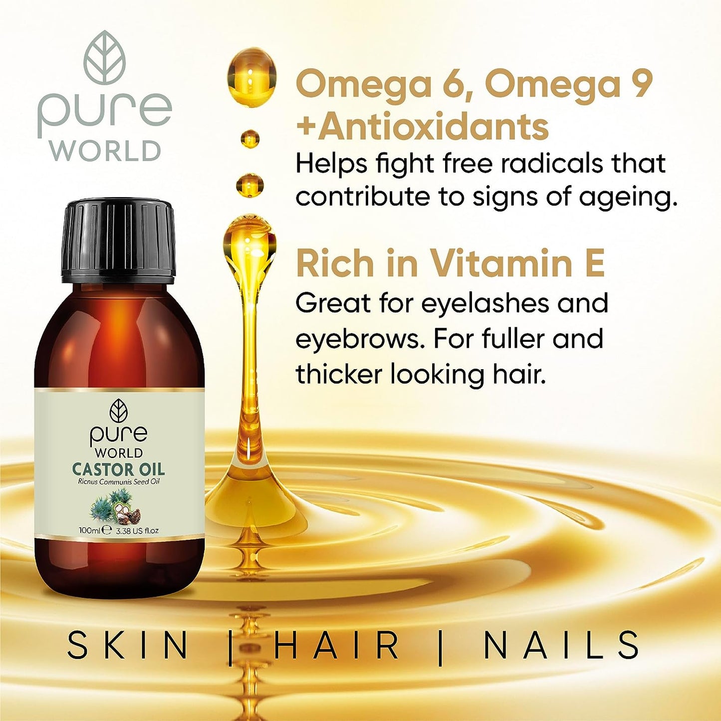 Natural Castor Oil 100ML Cold, & Freshly Pressed 100% Pure and Undiluted Hexane Free Eyebrows, Nails, Beard, Hair, Eyelash Growth Cruelty Free Food Grade