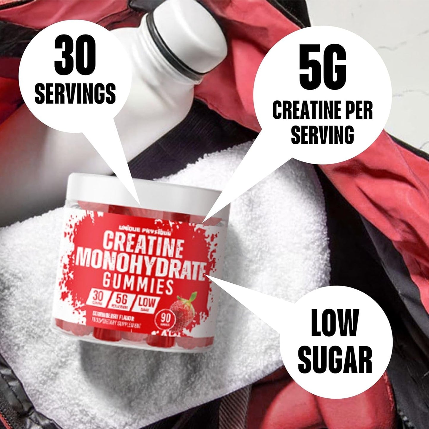 - Creatine Monohydrate Gummies - 5G / 5000Mg per Serving - 1 Month Supply - Supports Muscle Growth - Strawberry Flavour - Vegan & Low Sugar - for Men & Women