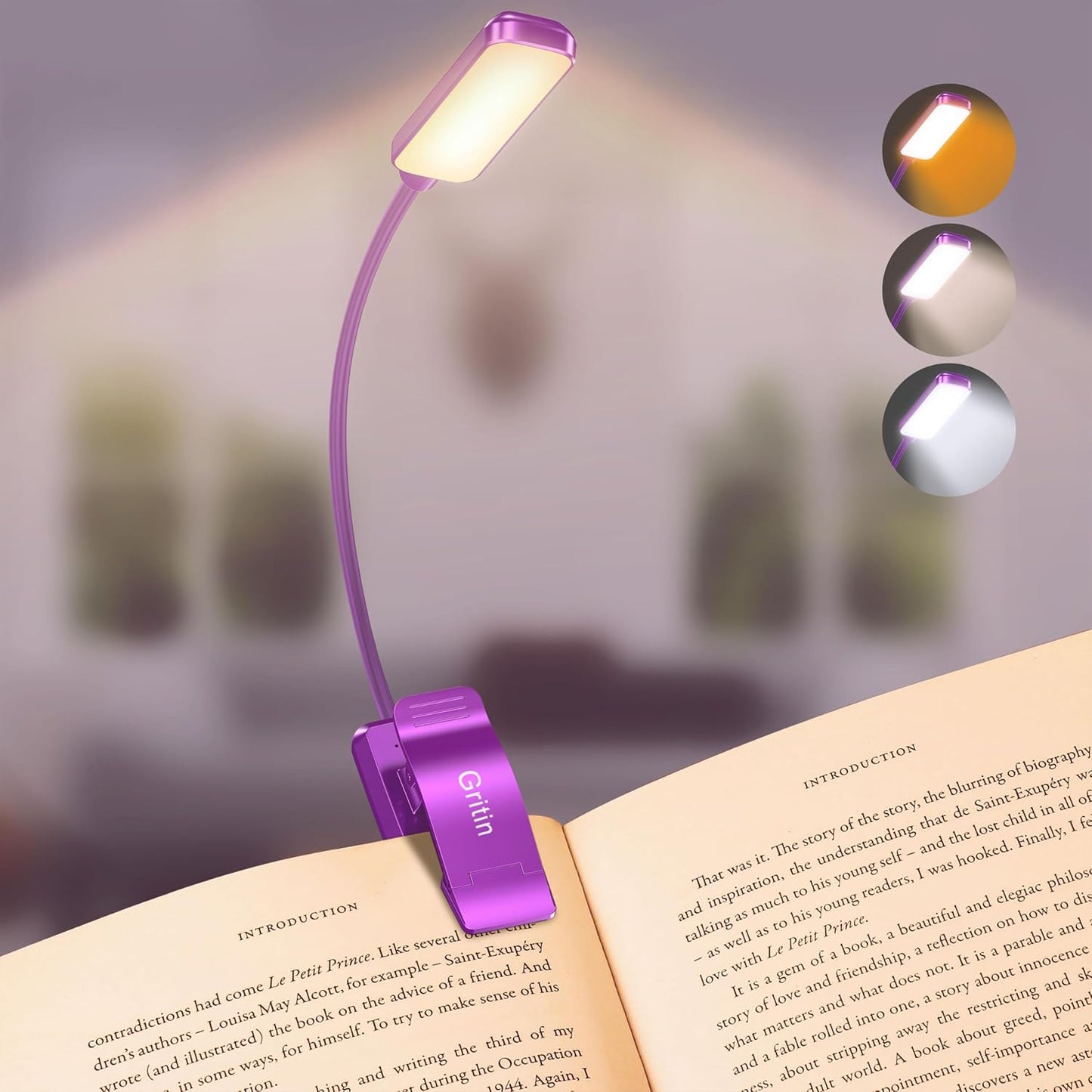 9 LED Clip on Book Light, 3 Eye-Protecting Modes Flexible Reading Light Book Lamp (Warm&Cool White) -Stepless Dimming, Rechargeable, Long Battery Life, 4-Level Power Indicator-Dark Purple