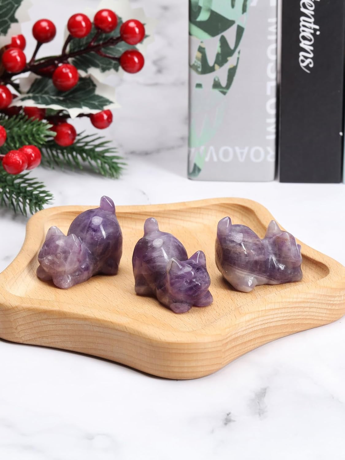 Amethyst Crystal Cat Figurine Carved Healing Crystals Gemstones Cat Animal Statue Cute Cat Ornament for Home Desk Decor Good Luck Cat Gifts for Women Men Christmas 1.6”