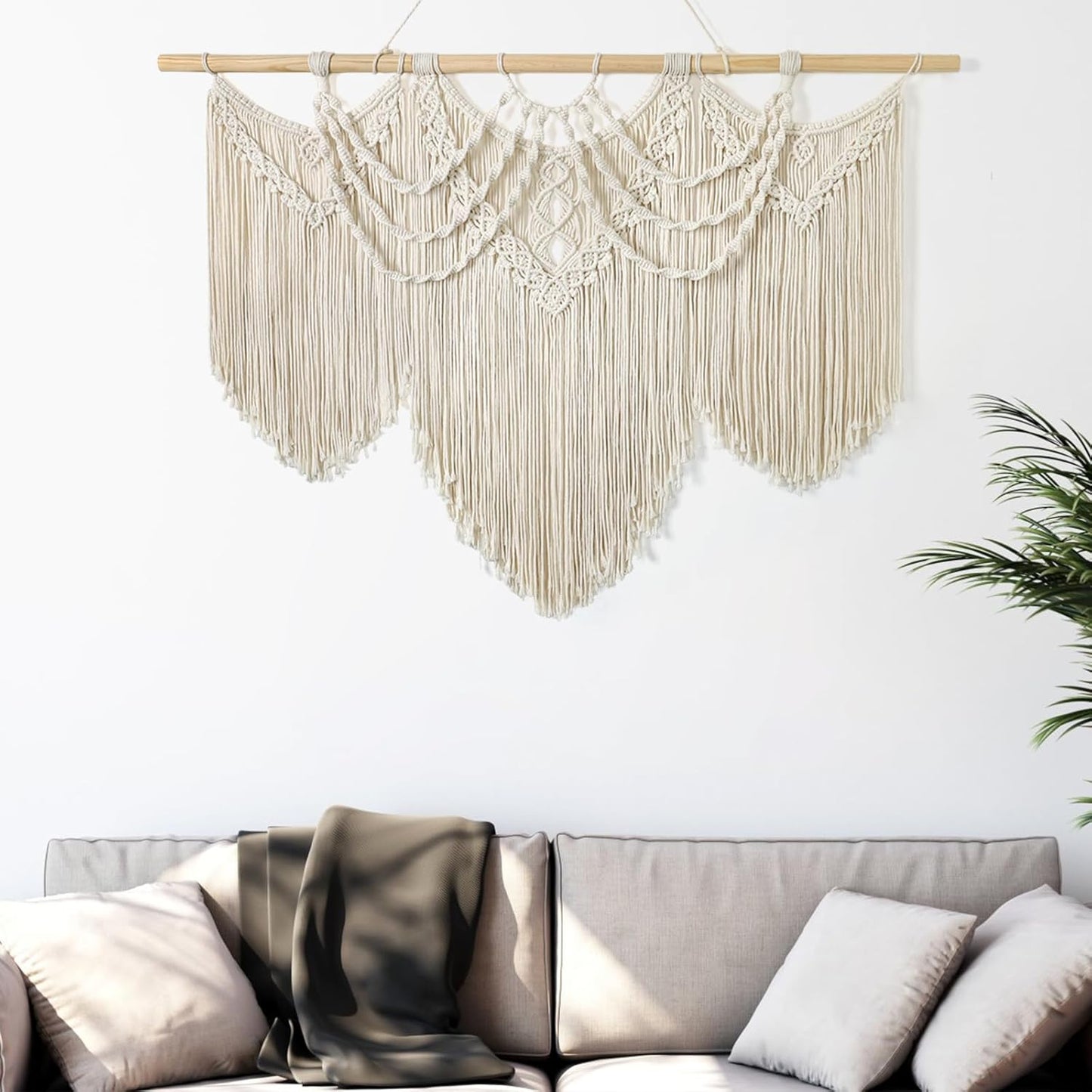 Large Macrame Wall Hanging Boho Handmade Woven Tapestry Tassel Craft Ornament Wall Art Beige Natural Cotton Rope Bohemian Chic Wall Decor for Bedroom Living Room Office Apartment
