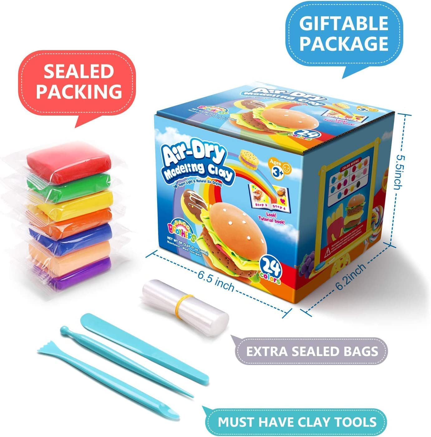 Air Dry Clay,24 Colors Modelling Clay with 3 Tools & Project Booklet,Diy Creative Ultra Soft Light Magic Clay,Arts and Crafts Kits for Kids Boys Girls Toys