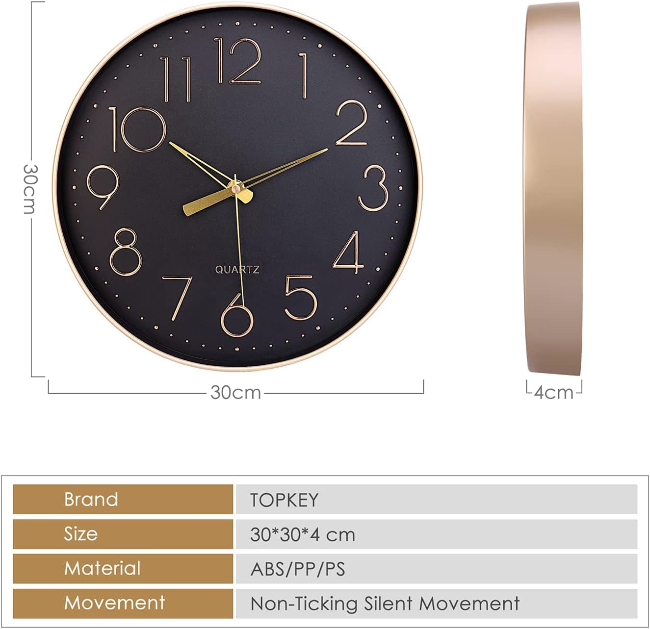 Black Wall Clock 12" Silent Non Ticking Arabic Numeral Clock round Decorative Wall Clock for Living Room, Bedroom, Kitchen (Battery Not Included) Gold Numbers