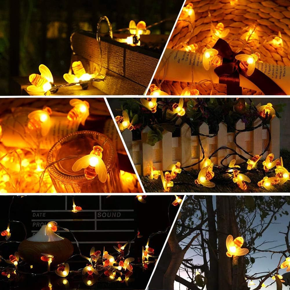 Solar Garden Lights, Honey Bee Fairy String Lights, 7M/24Ft 8 Mode Waterproof Outdoor/Indoor Garden Lighting for Flower Fence, Lawn, Patio, Festoon, Summer Party, Christmas, Holiday(Warm White)