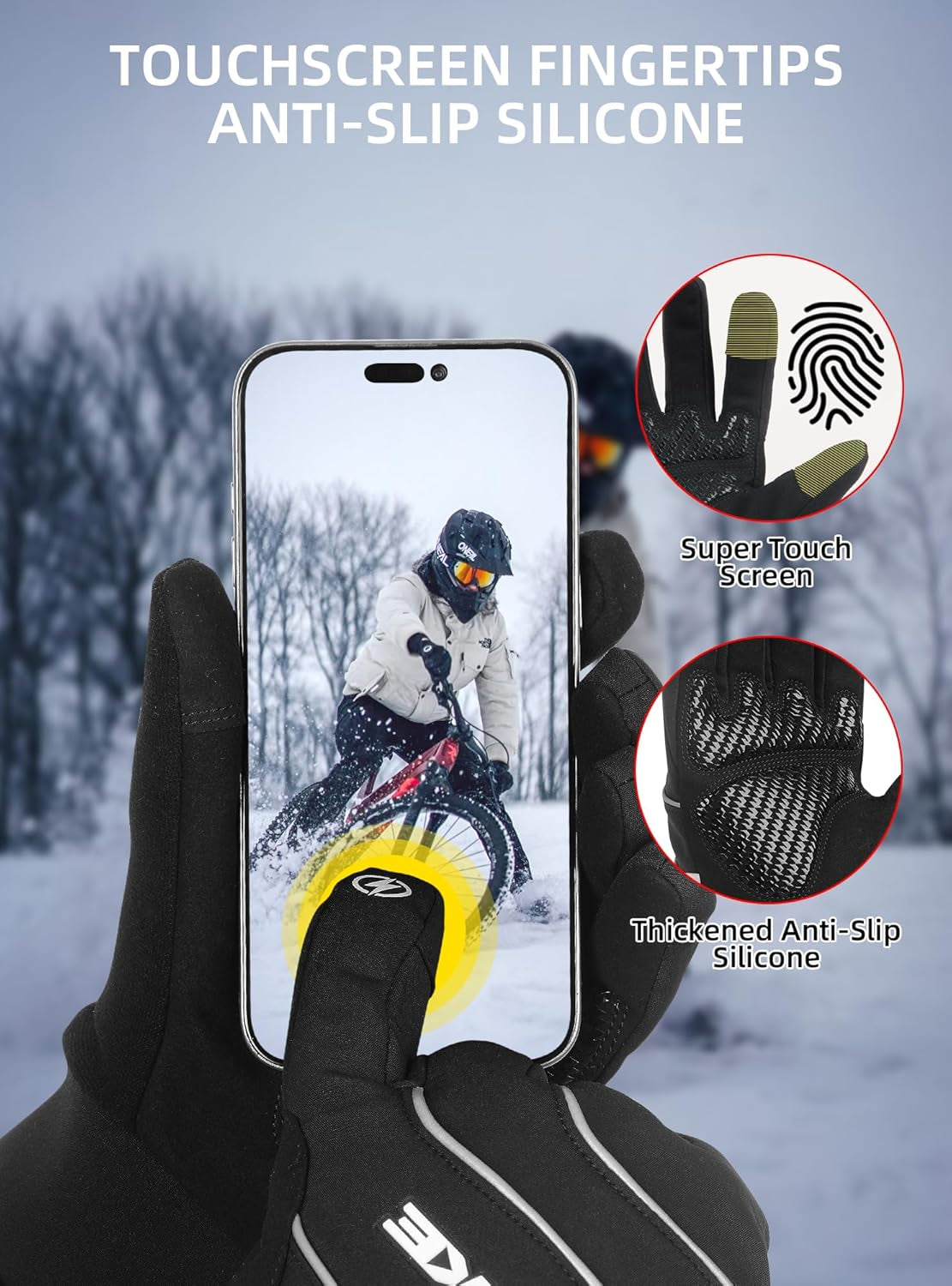 Winter Cycling Gloves Men Women,3M Full Finger Padded Touch Screen Bike Glove Anti-Slip Warm Waterproof Windproof for Running,Biking,Outdoor Sports