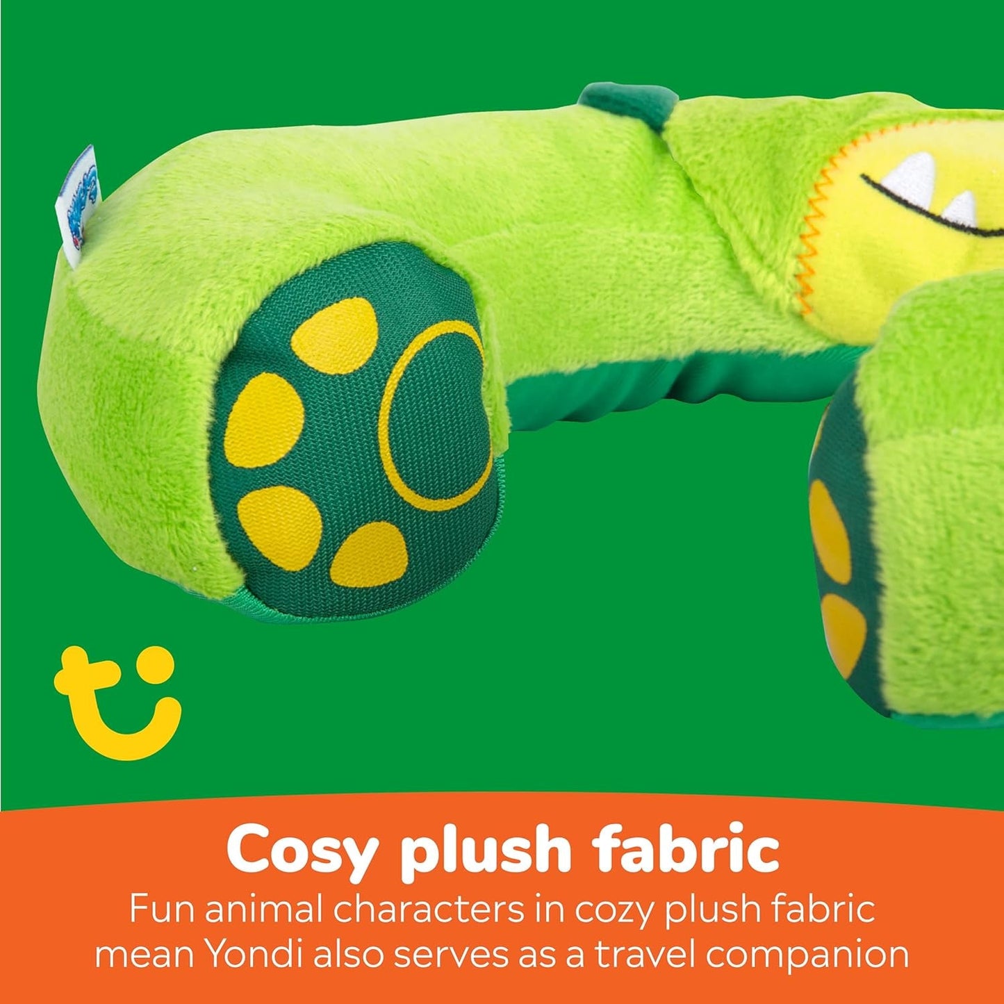 Kid'S Travel Neck Pillow and Chin Rest | Support Sleepy Heads in the Car Seat, Plane, Bike or Pram | Yondi SMALL Dudley Dinosaur (Green)