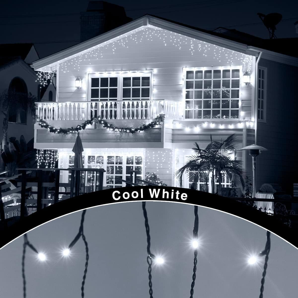 ® Christmas Lights 220 LED 7.5M/24Ft Icicle Lights Outdoor & Indoor Cool White Decorations String Fairy outside Lights with Timer for Xmas Garden Bedroom & Party|Mains Powered Green Cable