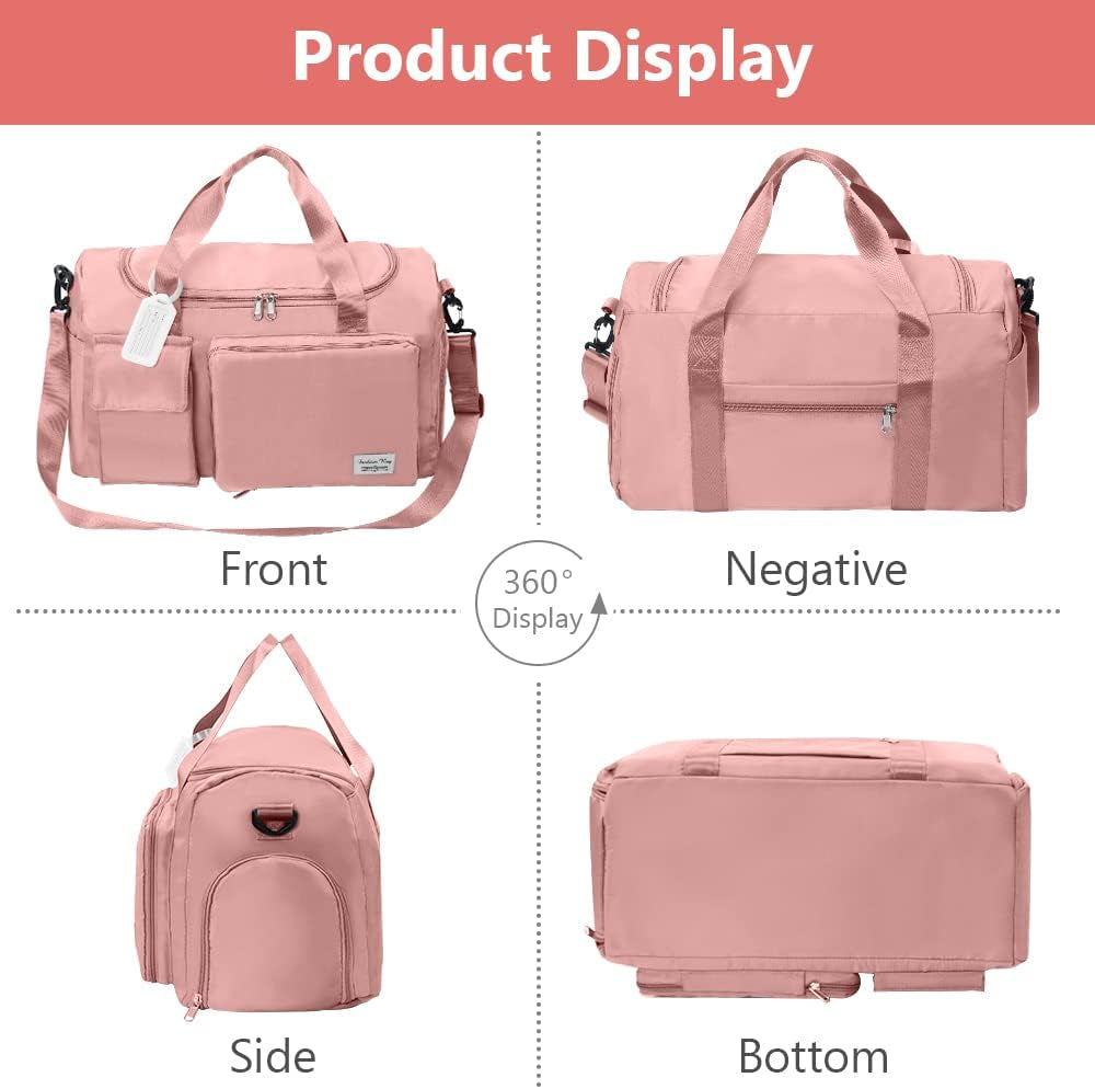 Duffel Bag, Foldable Overnight Weekend Bags for Women, Lightweight Hospital Bag with Wet and Dry Separation Bag, Large Holdall/Cabin/Gym Bag for Sports and Travel - Pink