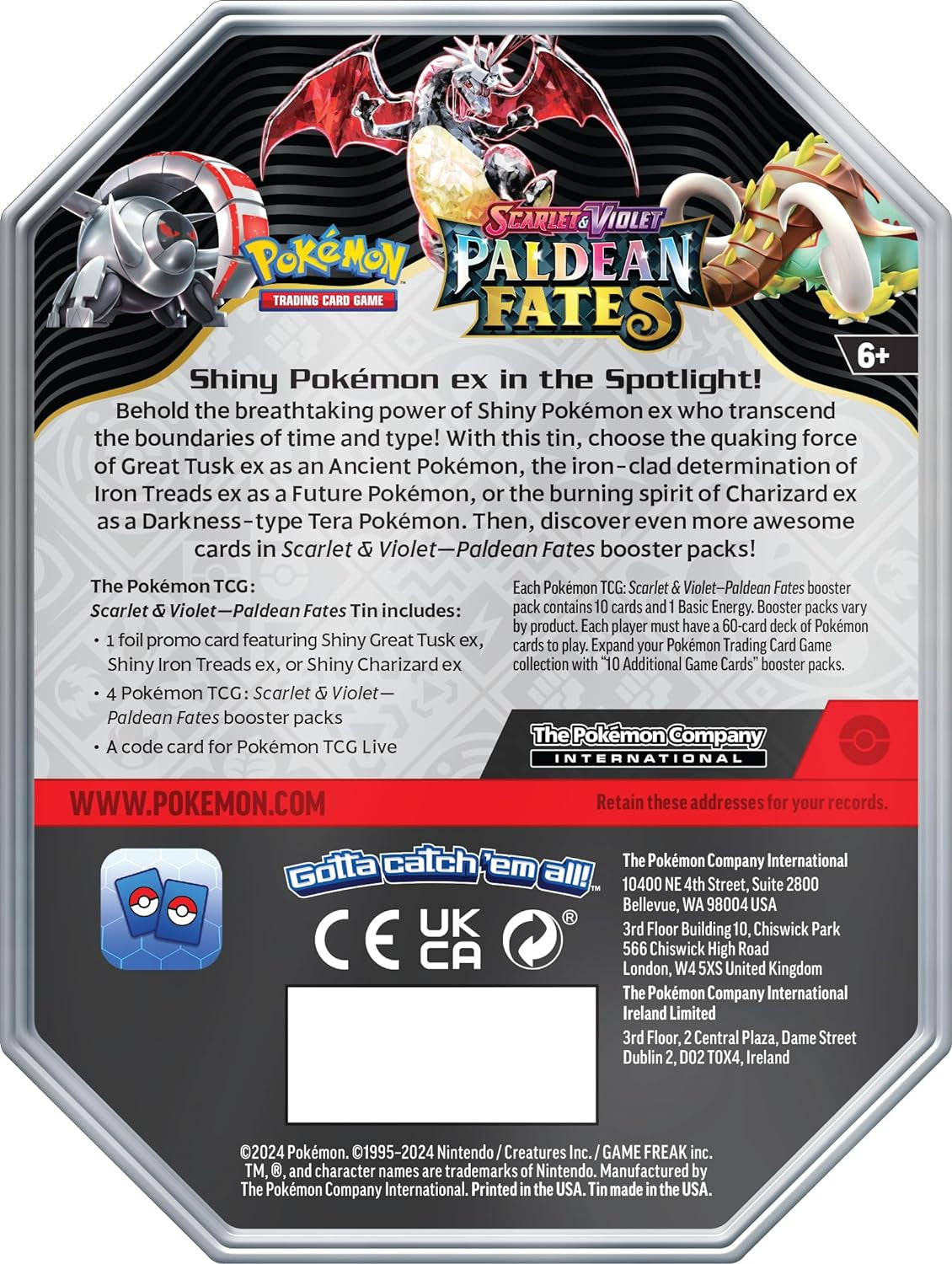 TCG: Scarlet & Violet—Paldean Fates Tin – Great Tusk Ex (1 Foil Promo Card & 4 Booster Packs)