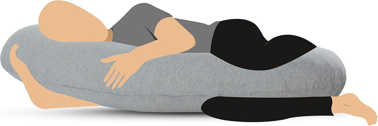 Orthopedic Body Sleep Pillow and Cover Hollowfiber Filling for Maternity Pregnancy Nursing Side Sleeper Support Includes Free Grey Cover