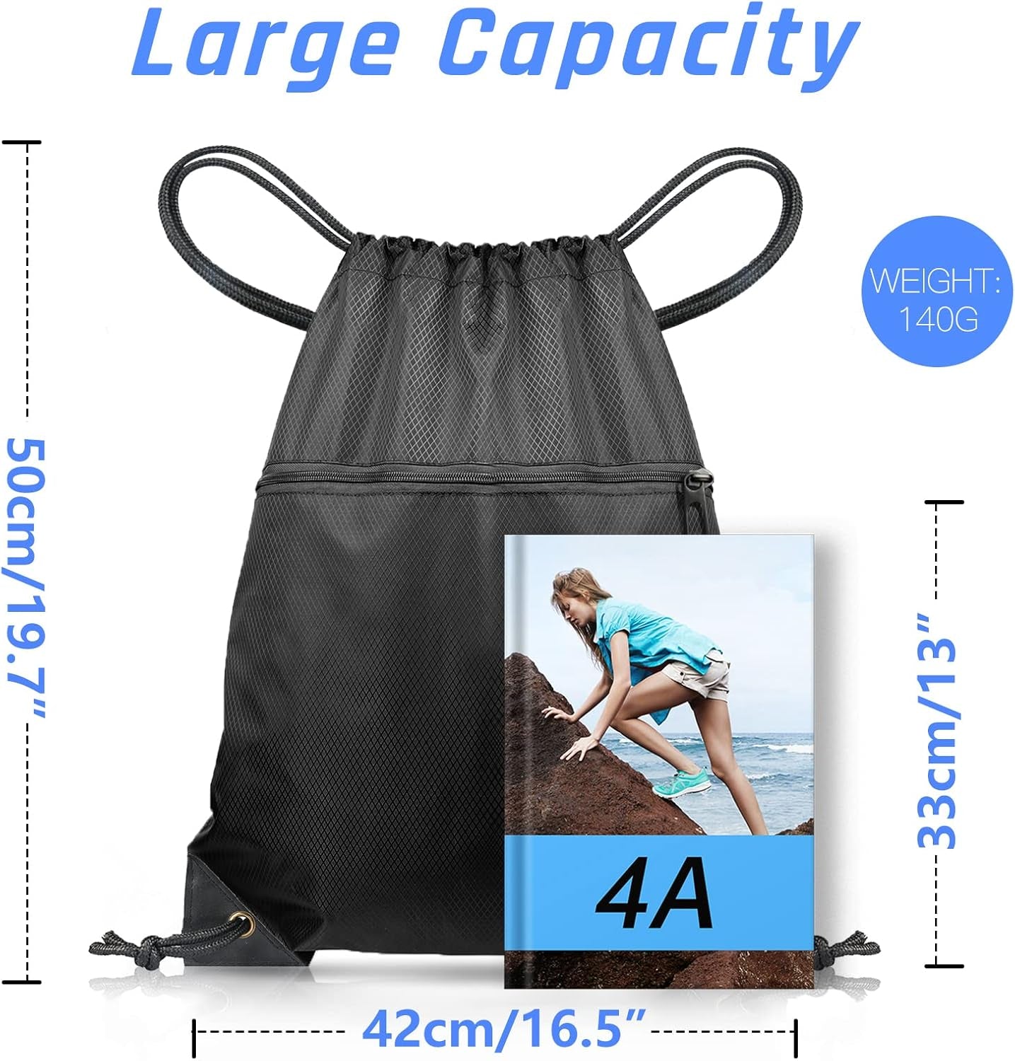 Drawstring Gym Bag, Large Sports Backpack String Swim Drawstring PE Bags for Women Men, Travel Beach School Bag with Waterproof