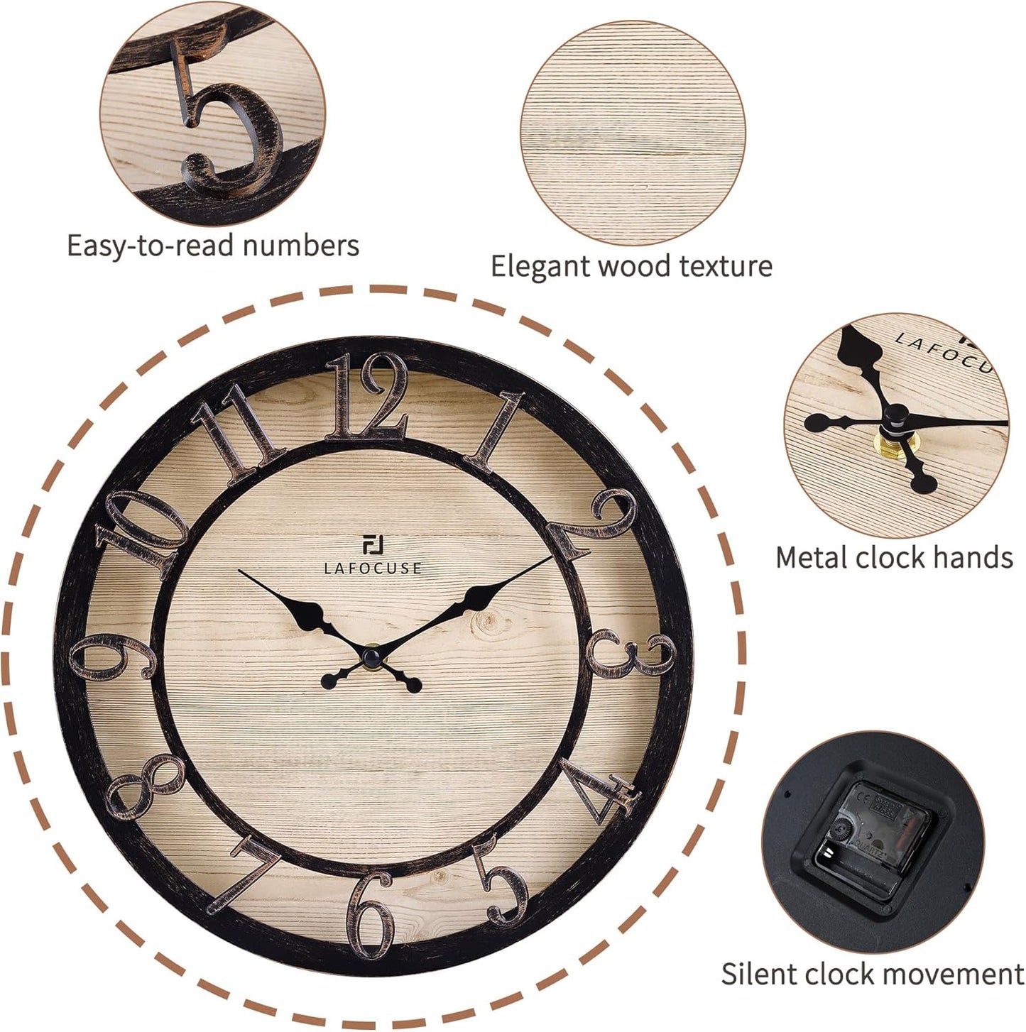 Silent Black Rustic Farmhouse Wall Clock with Raised 3D Arabic Numerals for Home Decor 12 Inch, Battery Operated Shabby Chic Kitchen Wall Clocks Decorative for Living Room Bedroom Office