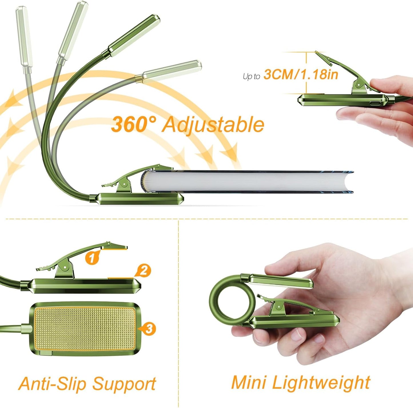 9 LED Clip on Book Light, 3 Eye-Protecting Modes Flexible Reading Light Book Lamp (Warm&Cool White) -Stepless Dimming, Rechargeable, Long Battery Life, 4-Level Power Indicator-Intense Green