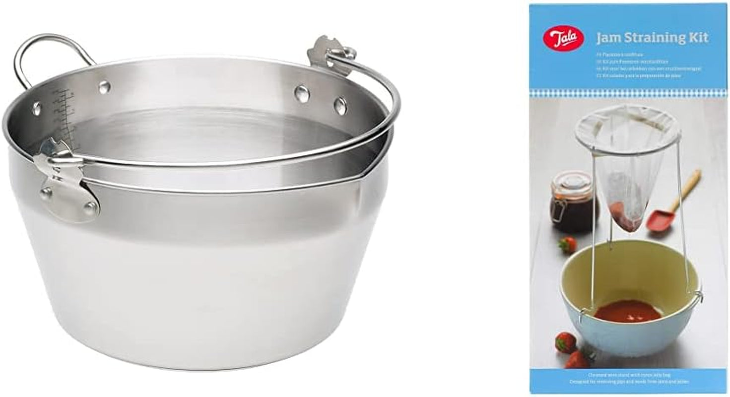 Home Made Maslin/Jam Pan for Induction Hob with Recipe in Gift Box, Stainless Steel, 9 Litre & Tala Jam Straining Set