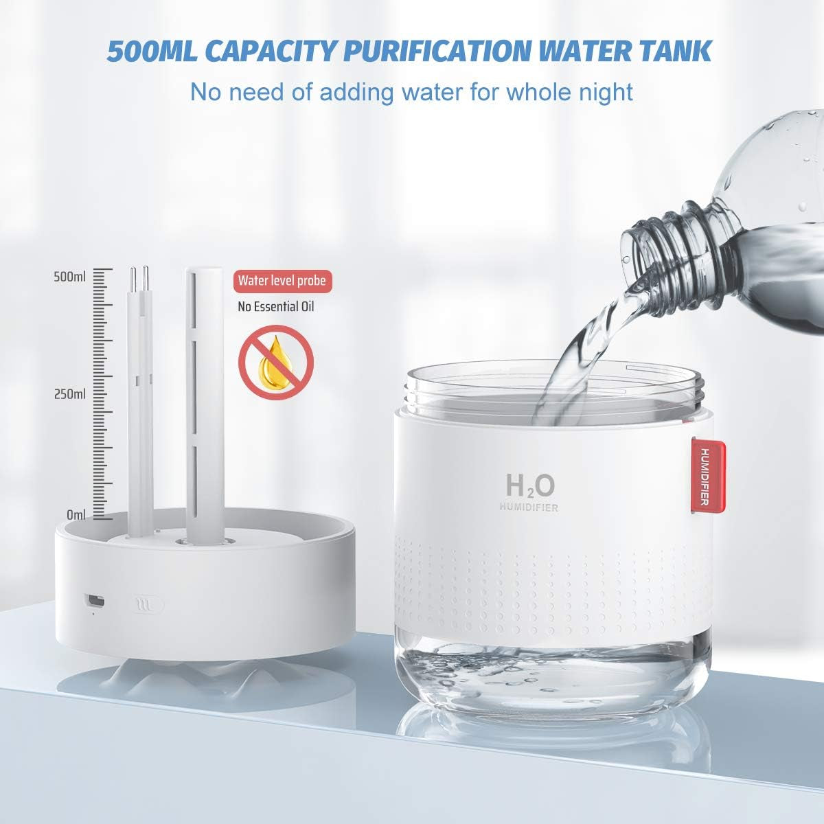 Humidifiers 500Ml Cool Mist Air Ultrasonic Quiet USB Desktop Humidifiers with Night Light Waterless Auto Shut-Off for Home Baby Bedroom Office Travel (White)