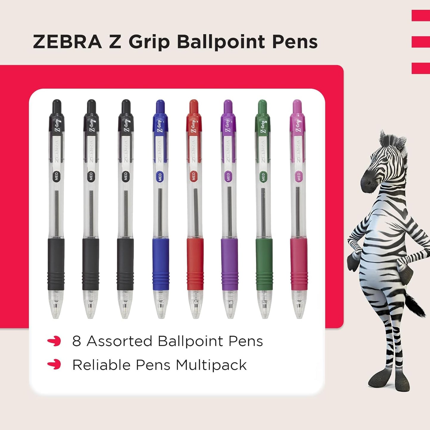 Z Grip Assorted Ballpoint Pens with Pocket Clip 8Pk Retractable Assorted Ink Ballpoint Pens, Reliable Assorted Biro Pens Multipack for Everyday Use Design, New Pack Size 8Pk