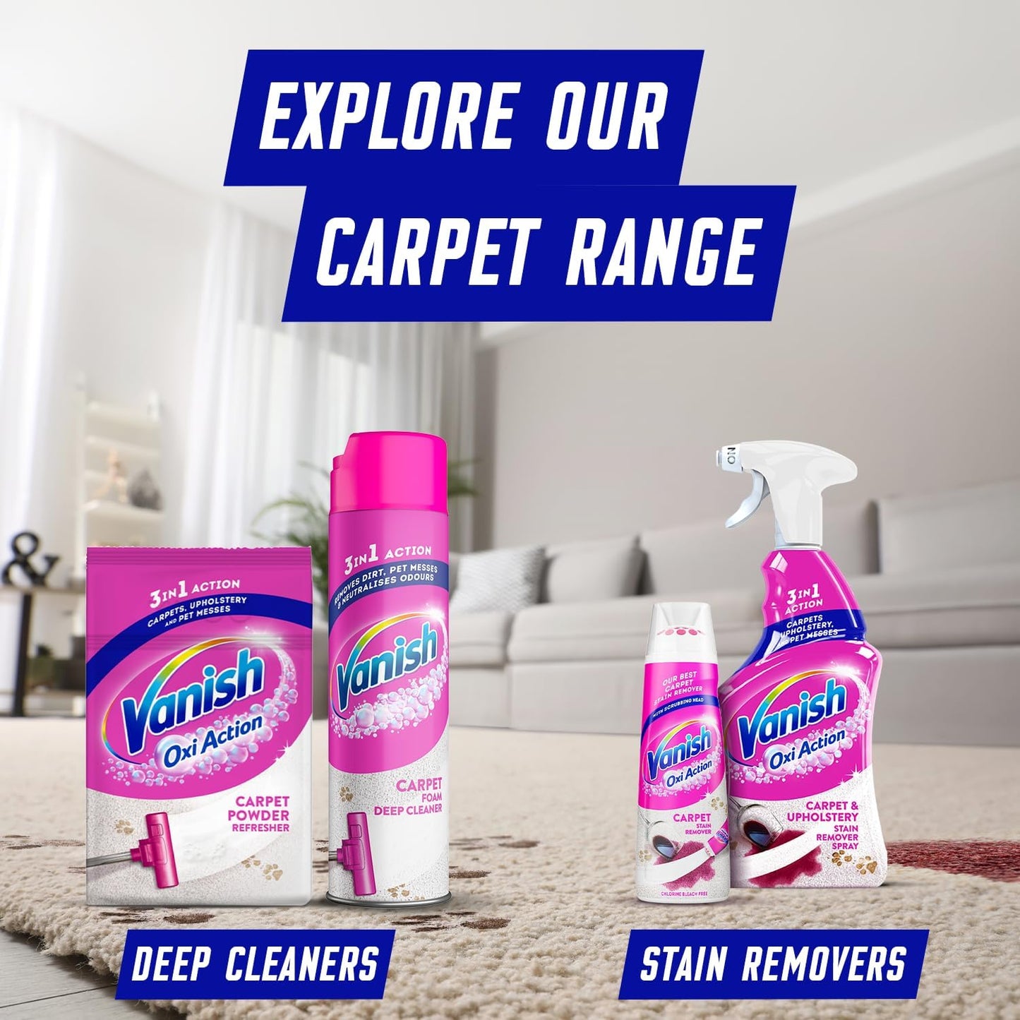 Oxi Action Upholstery & Carpet Cleaner, Stain Remover Foam for Large Area Cleaning, Removes 3X More Dirt & Pet Hair Vs Vacuuming Alone Neutralises Odours Deep Cleans 600 Ml Pack of 1